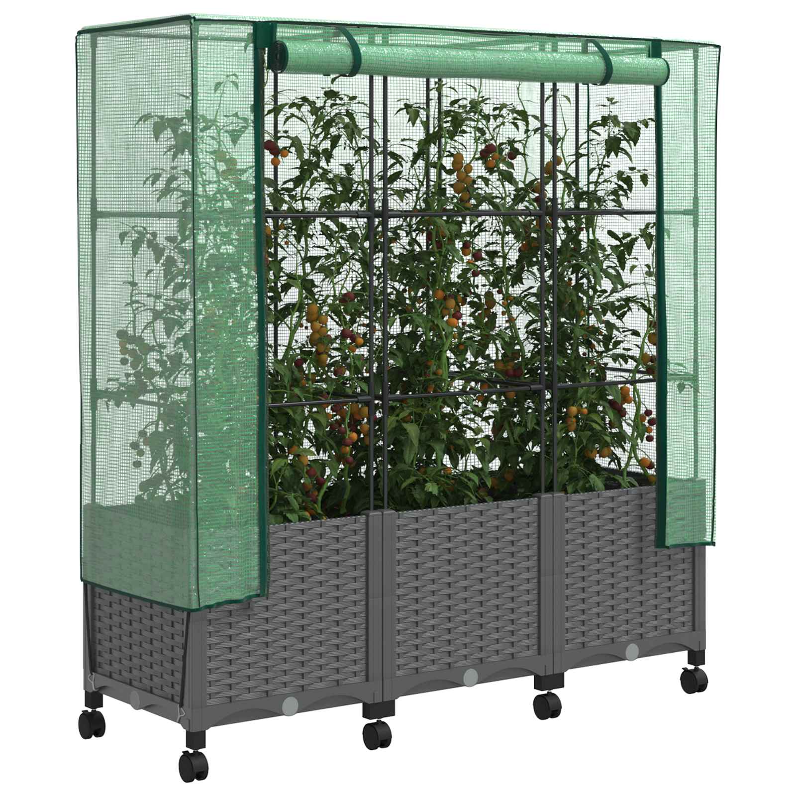 Vaso da Giardino con Copertura per Serra e Ruote 3 pz PP