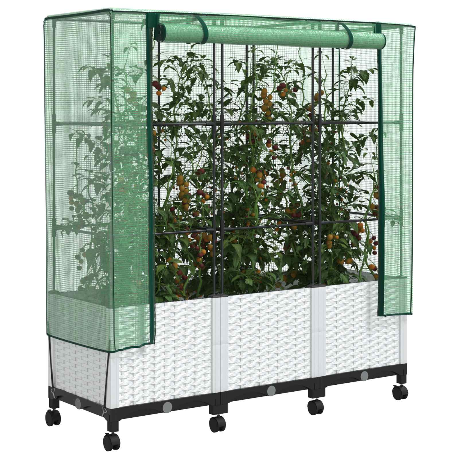 Vaso da Giardino con Copertura per Serra e Ruote 3 pz Bianco PP