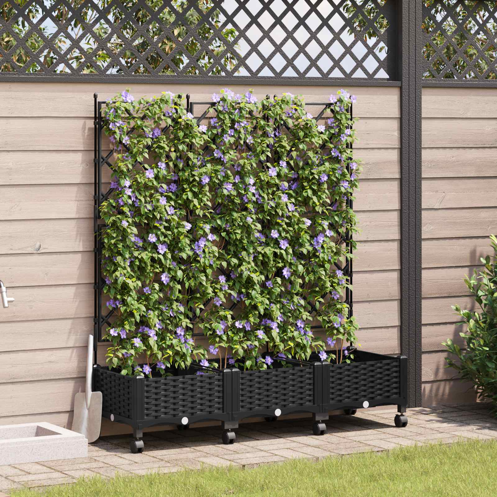 Vaso da giardino con grigliato e ruote 3 pz Nero PP