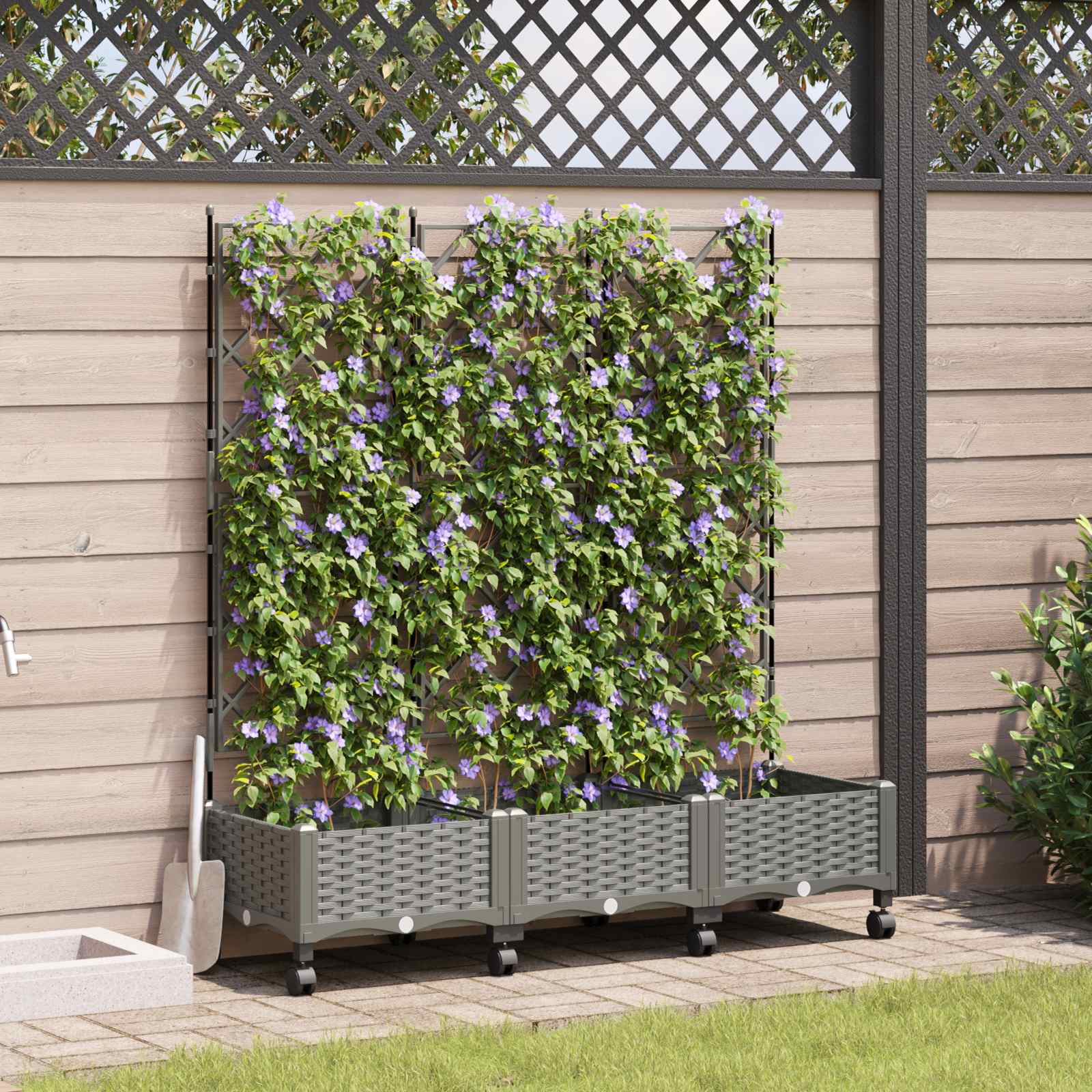 Vaso da giardino con grigliato e ruote 3 pz Grigio Chiaro PP