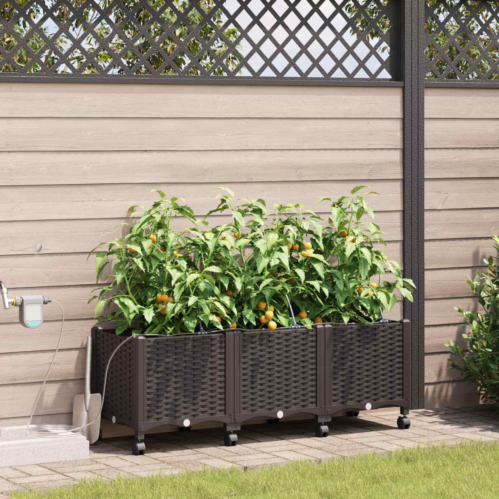 Vaso da Giardino con Irrigazione e Ruote 3 pz Marrone PP