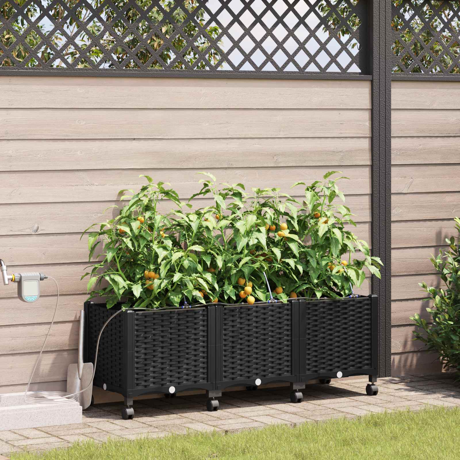 Vaso da Giardino con Irrigazione e Ruote 3 pz Nero PP