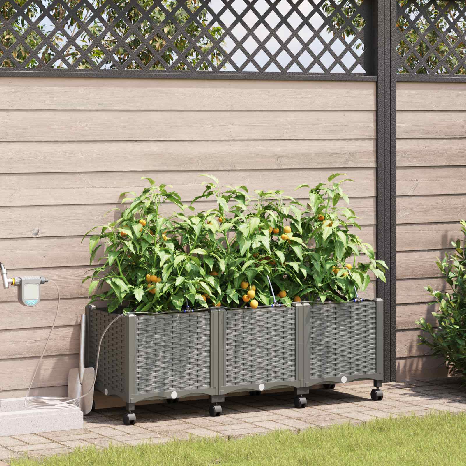 Vaso da Giardino con Irrigazione e Ruote 3 pz Grigio Chiaro PP
