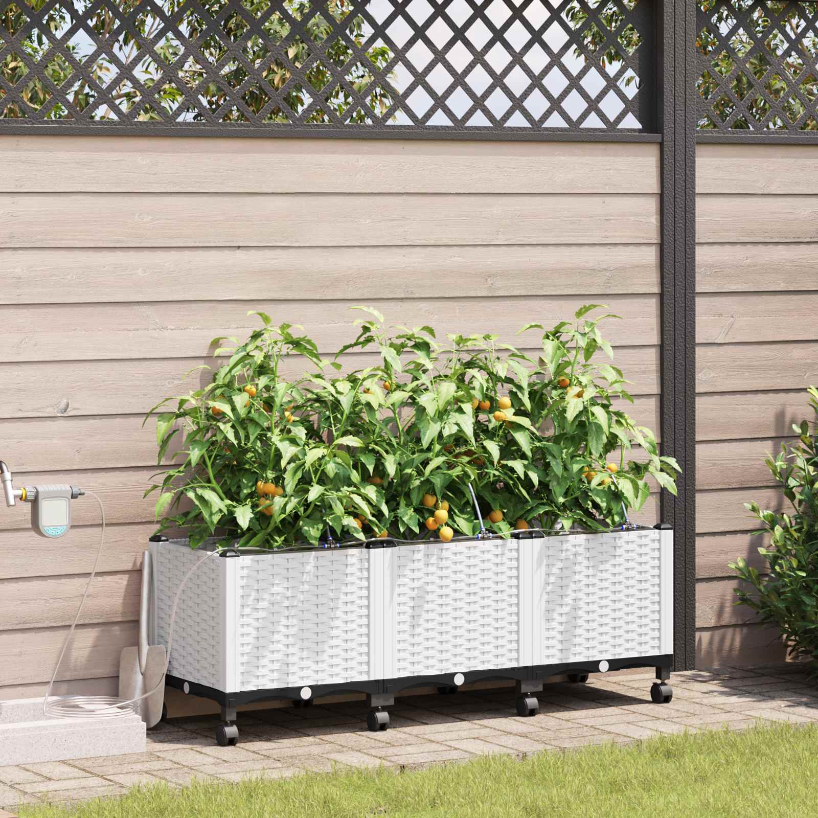 Vaso da Giardino con Irrigazione e Ruote 3 pz Bianco PP