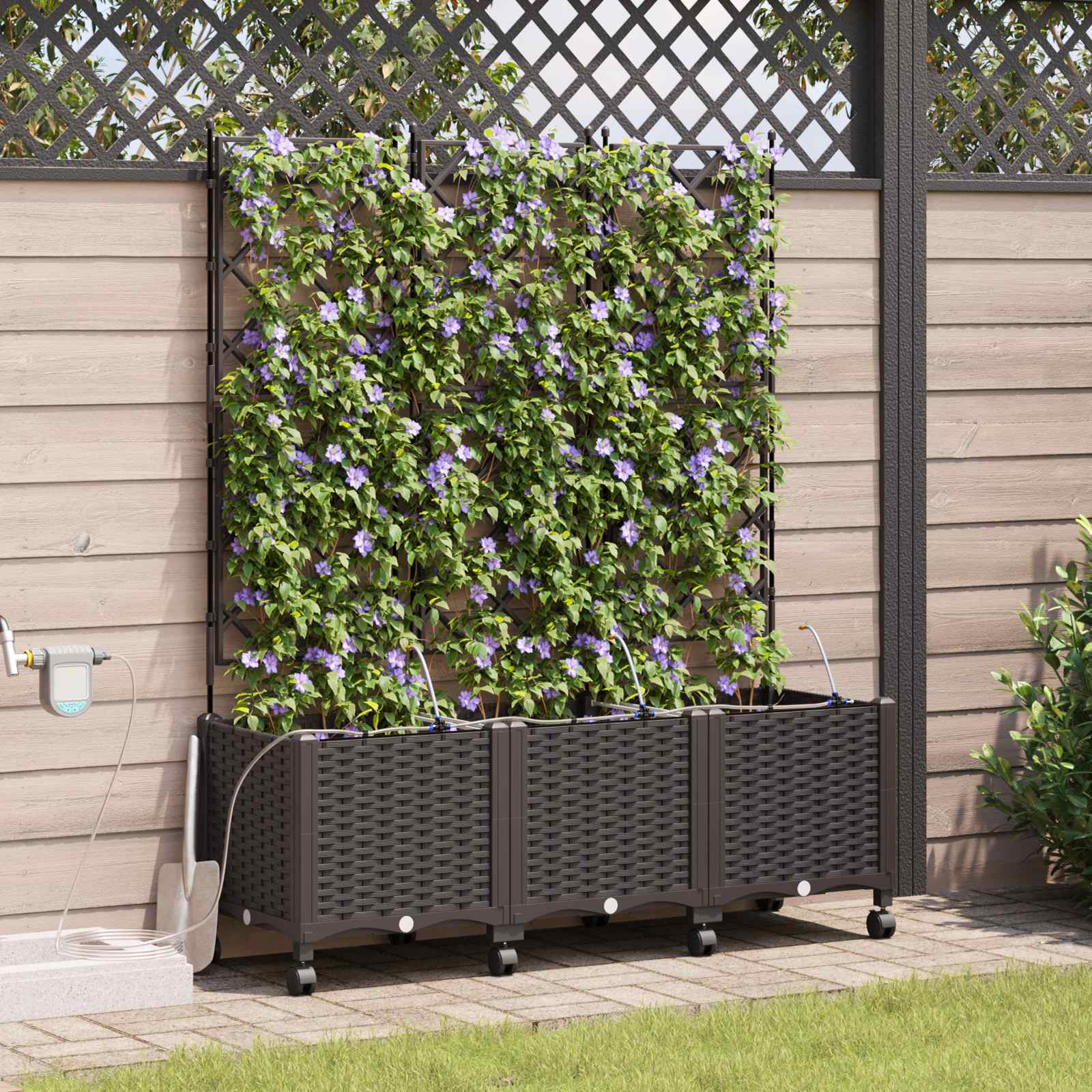 Vaso da Giardino con Irrigazione e Ruote 3 pz Marrone PP