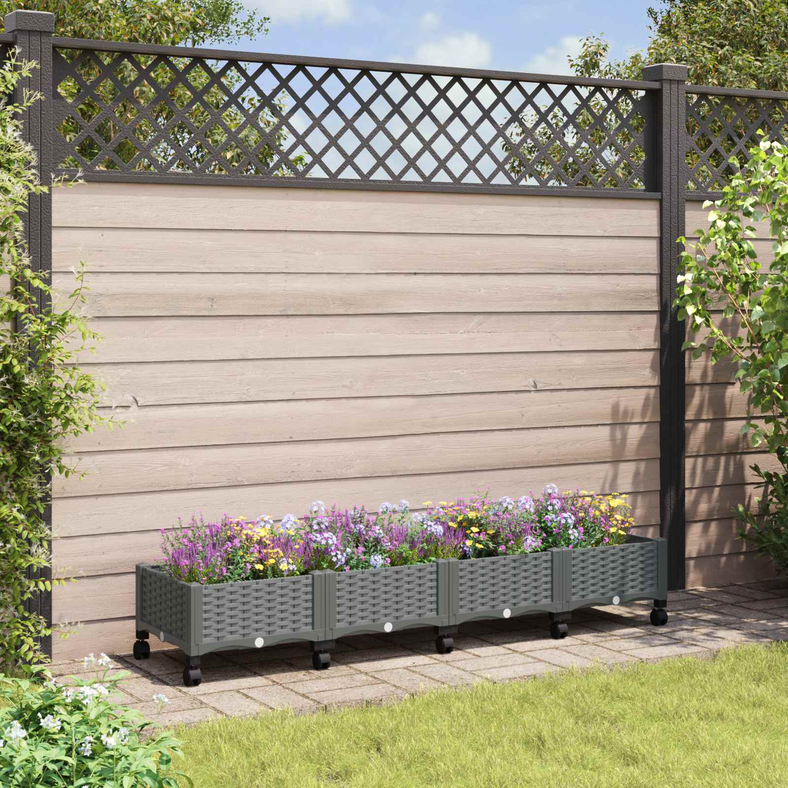 Vaso da Giardino con Ruote Grigio Chiaro 160 x 40 x 33 cm PP
