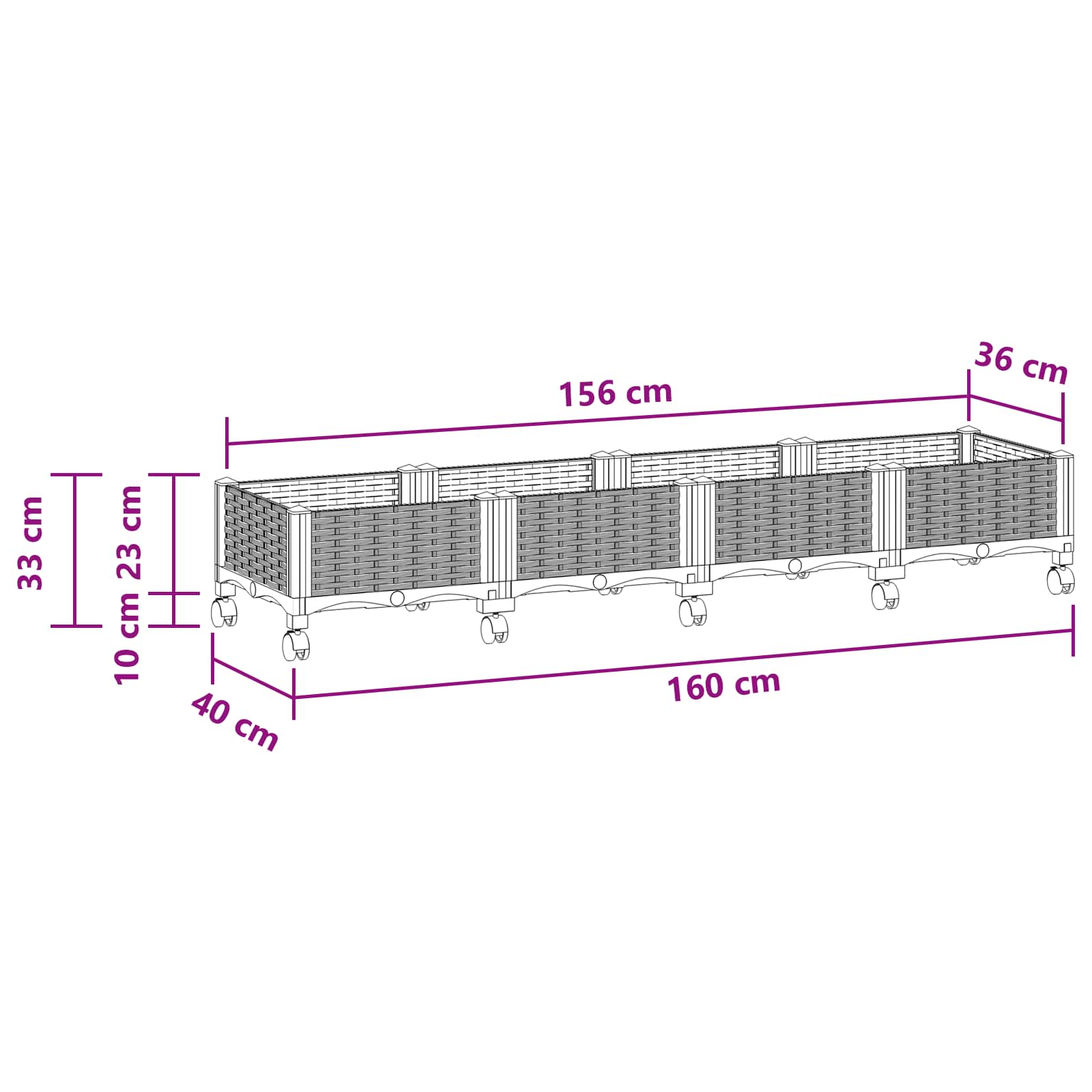 Vaso da Giardino con Ruote Bianco 160 x 40 x 33 cm PP