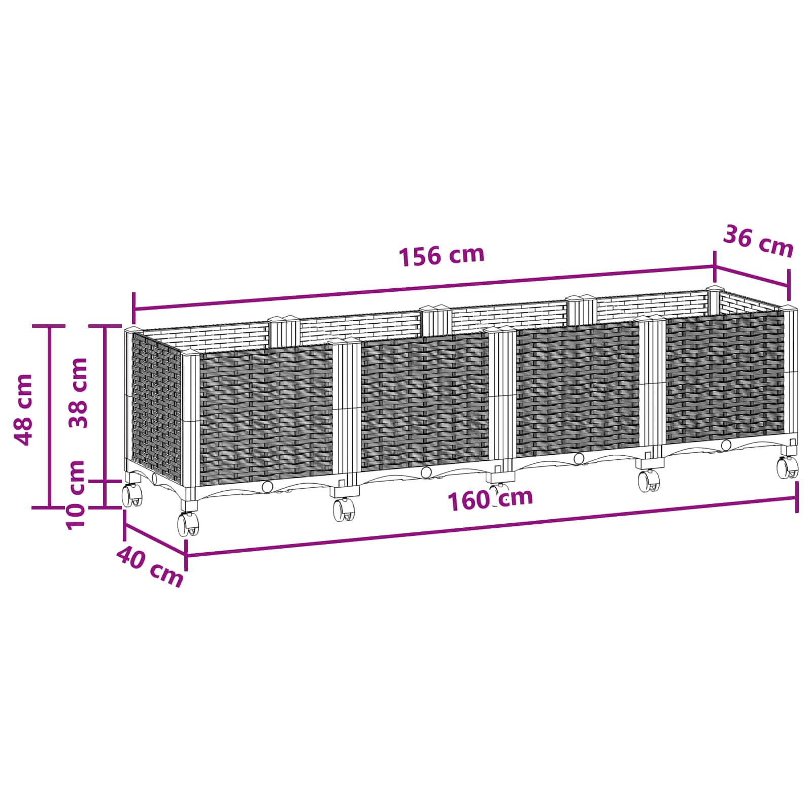 Vaso da Giardino con Ruote Nero 160 x 40 x 44 cm PP