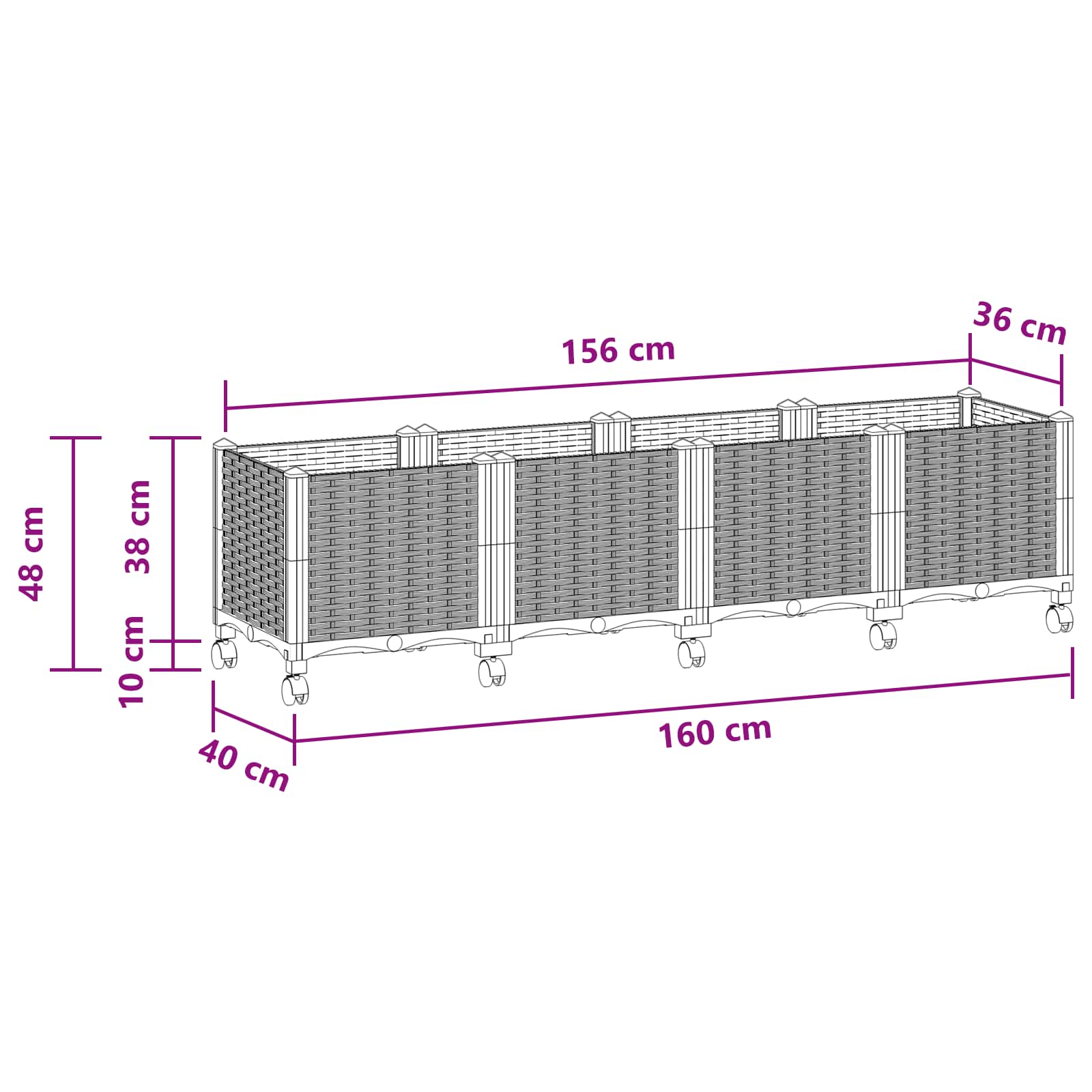 Vaso da Giardino con Ruote Grigio Chiaro 160 x 40 x 48 cm PP