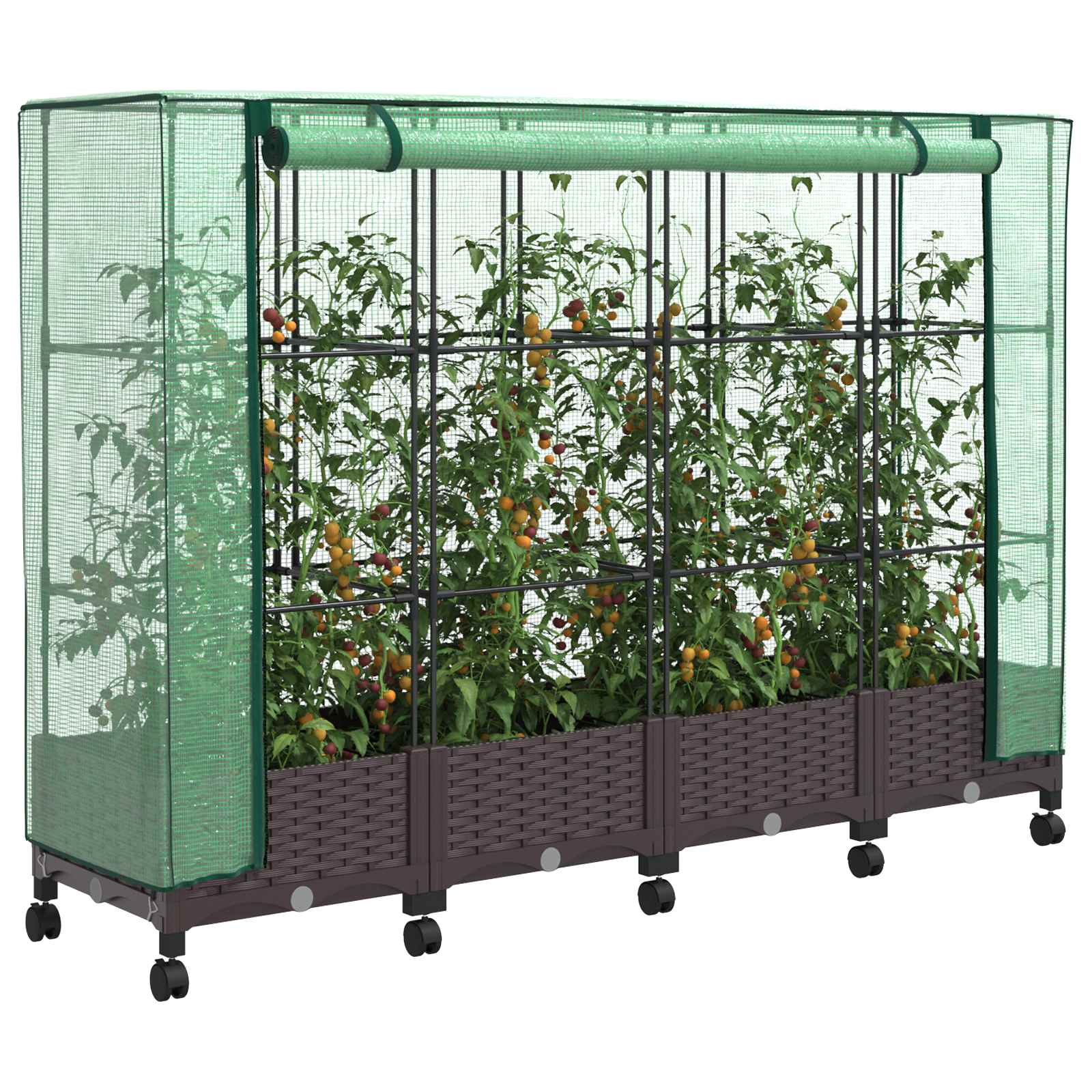 Vaso da Giardino con Copertura per Serra e Ruote 4 pz Marrone