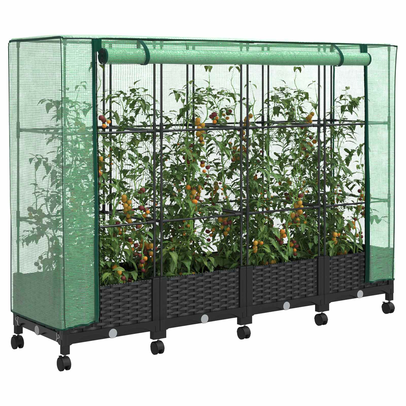 Vaso da Giardino con Copertura per Serra e Ruote 4 pz Nero PP