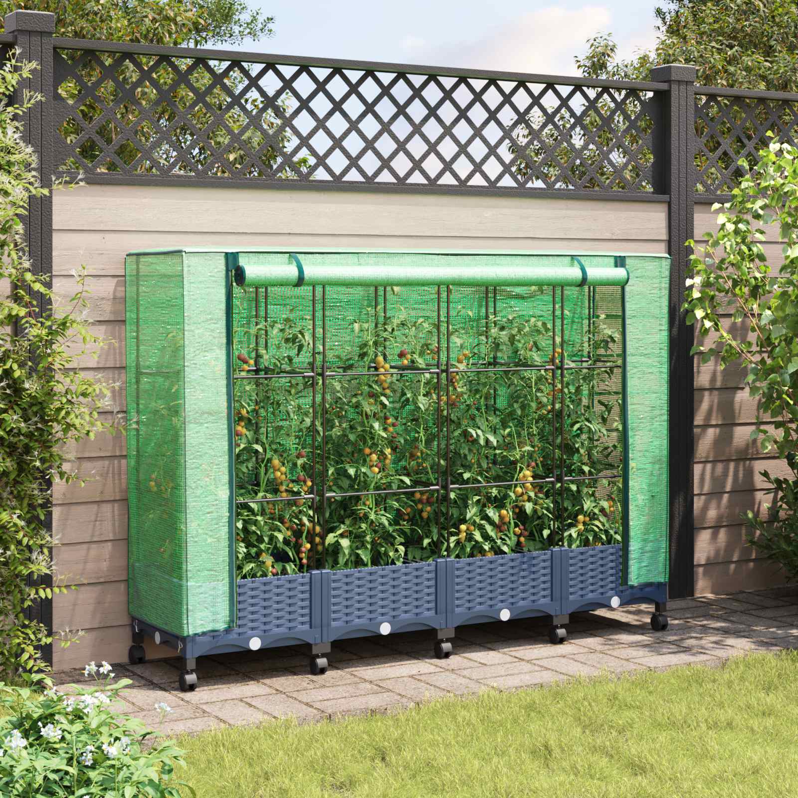Vaso da Giardino con Copertura per Serra e Ruote 4 pz PP
