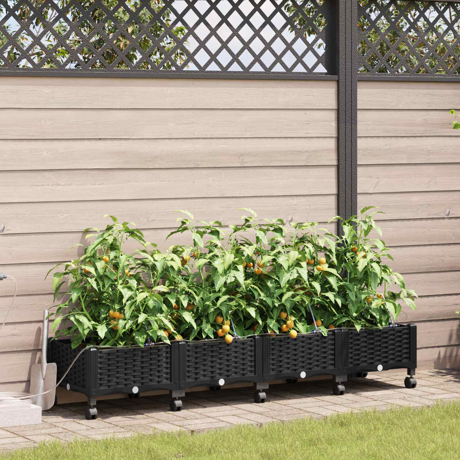 Vaso da Giardino con Irrigazione e Ruote 4 pz Nero PP