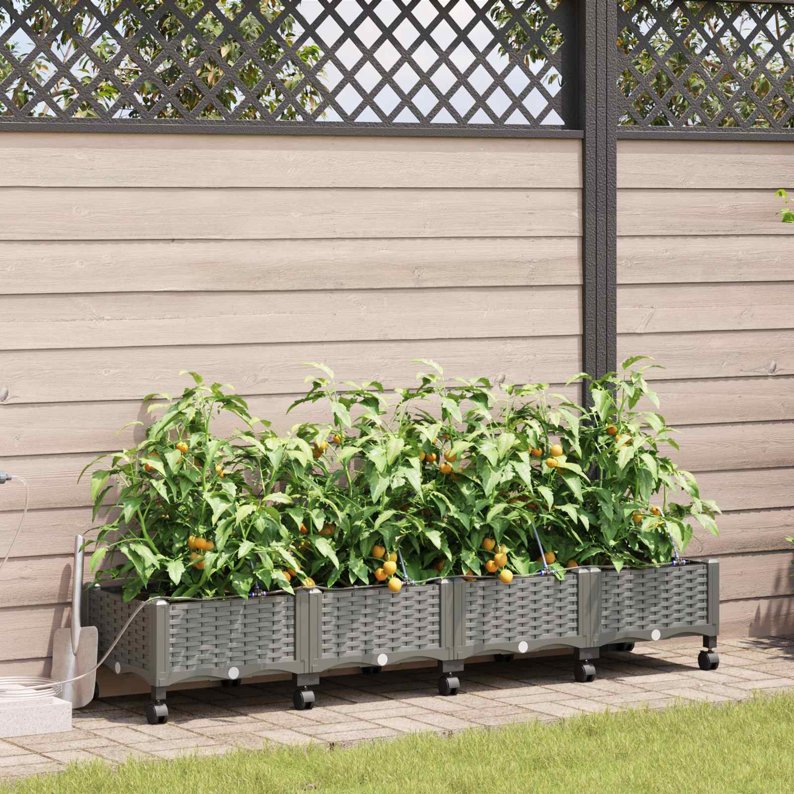 Vaso da Giardino con Irrigazione e Ruote 4 pz Grigio Chiaro PP