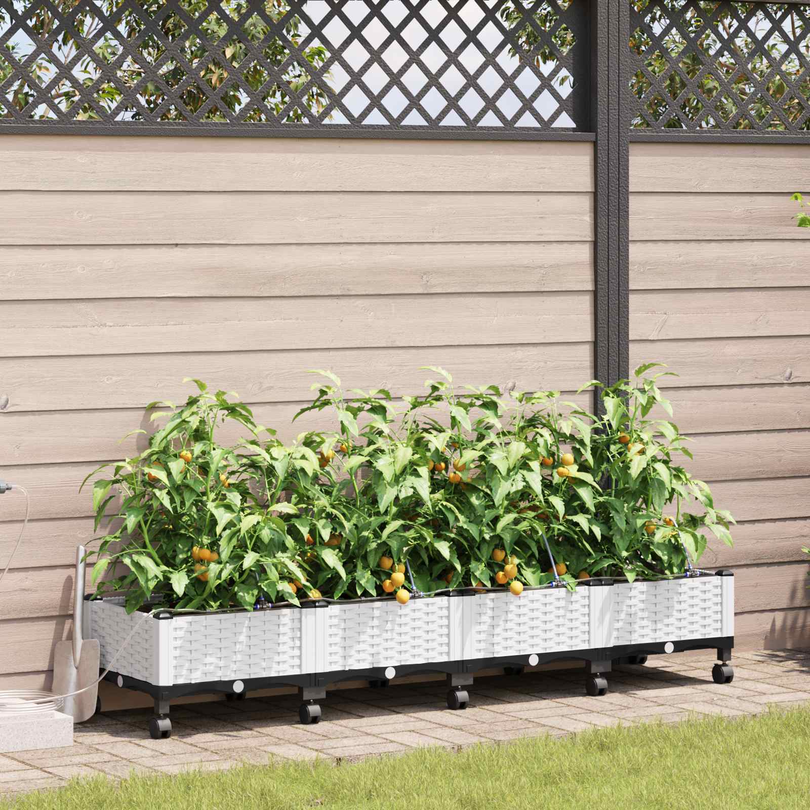 Vaso da Giardino con Irrigazione e Ruote 4 pz Bianco PP