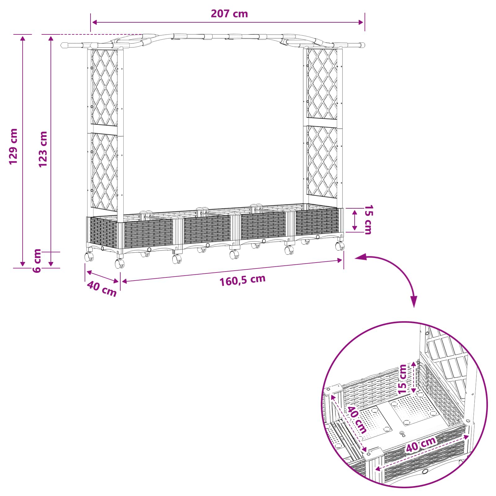 Letto Rialzato con Griglia e Tetto Marrone 207 x 40 x 129 cm PP