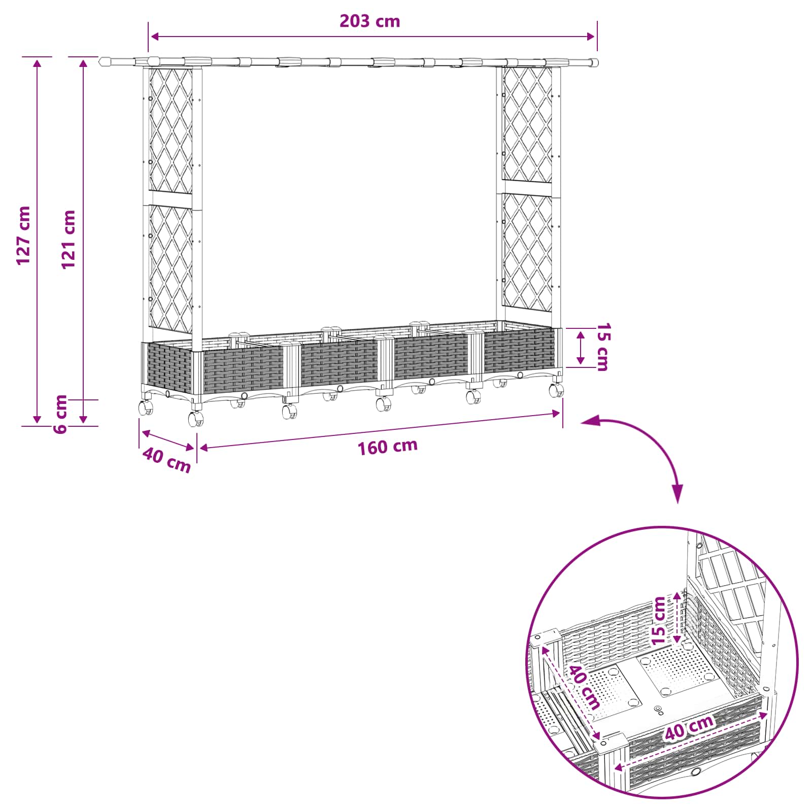 Letto Rialzato con Griglia e Tetto Grigio 203 x 40 x 127 cm PP