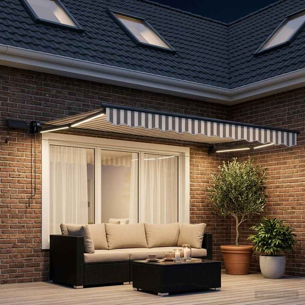 Tenda retrattile manuale con LED Grigio chiaro e bianco