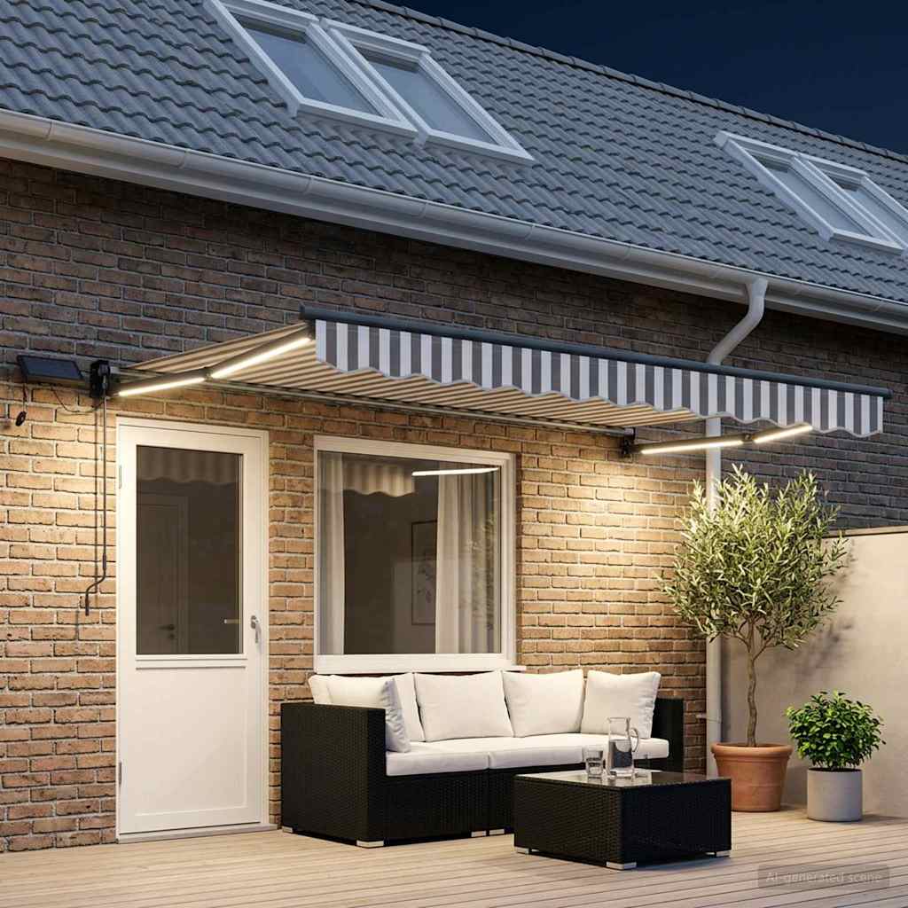 Tenda retrattile manuale con LED Grigio chiaro e bianco