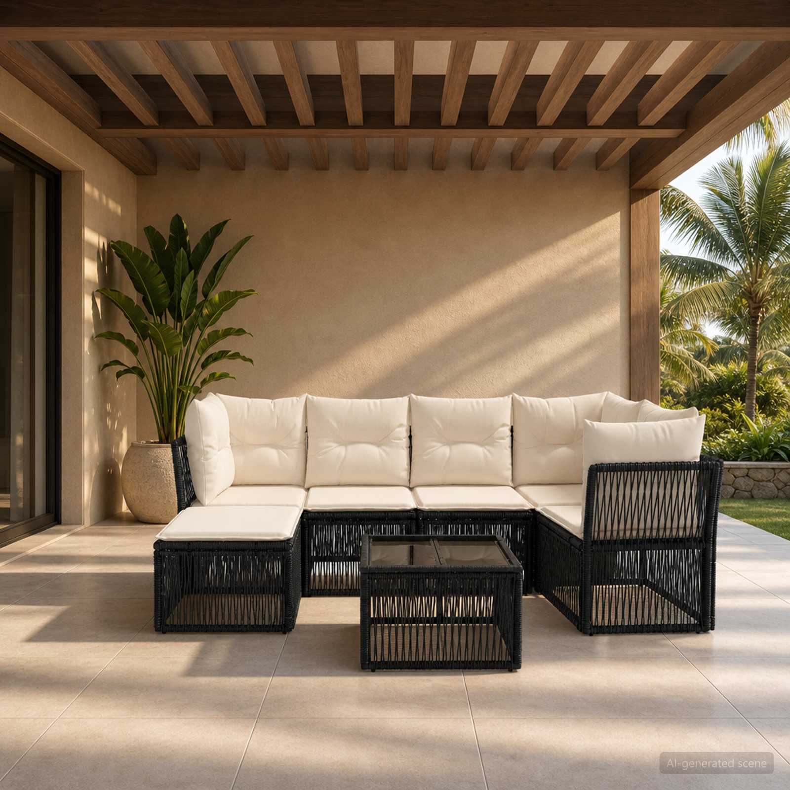 Set Divano da Giardino 7 pz Nero polyrattan
