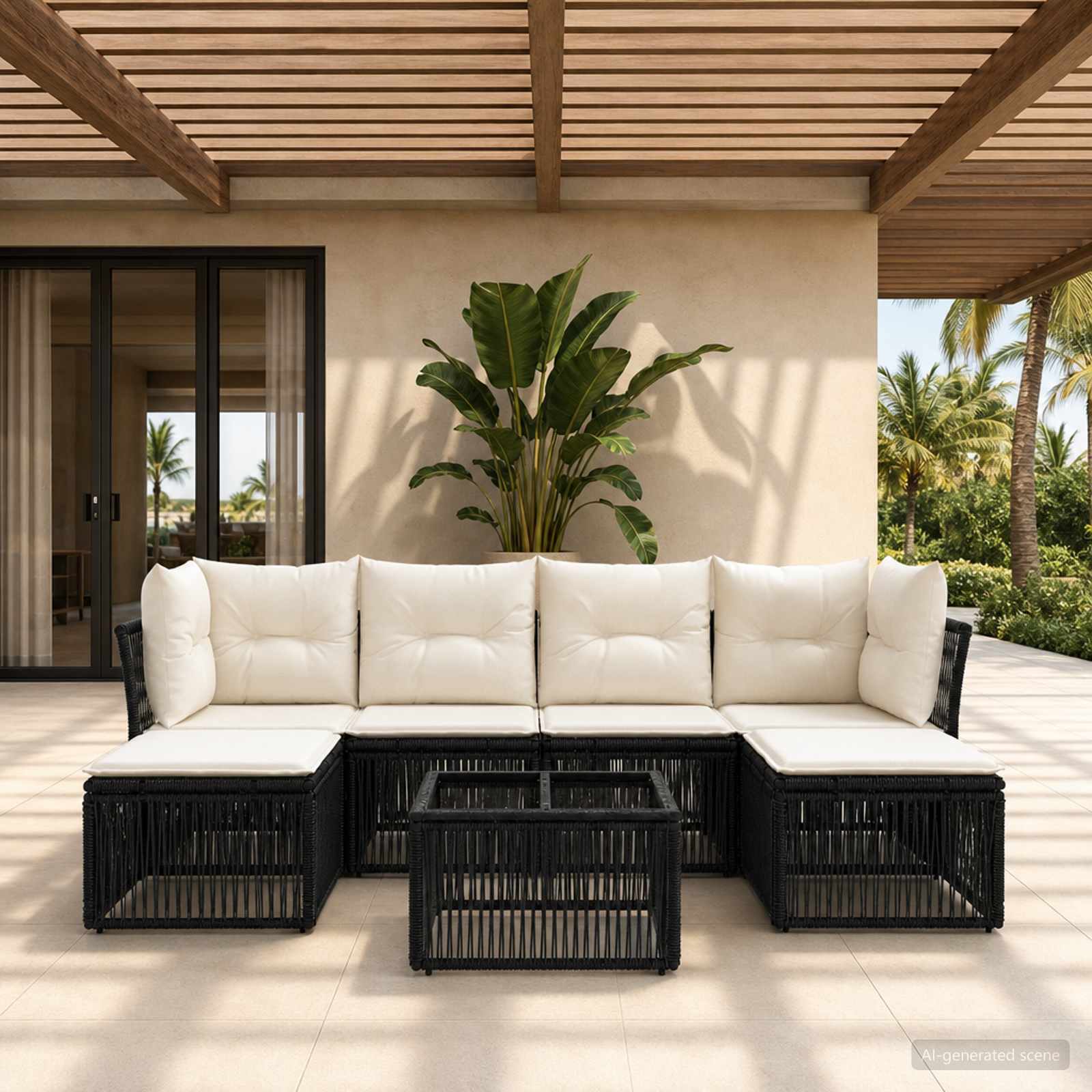 Set Divano da Giardino 7 pz Nero polyrattan