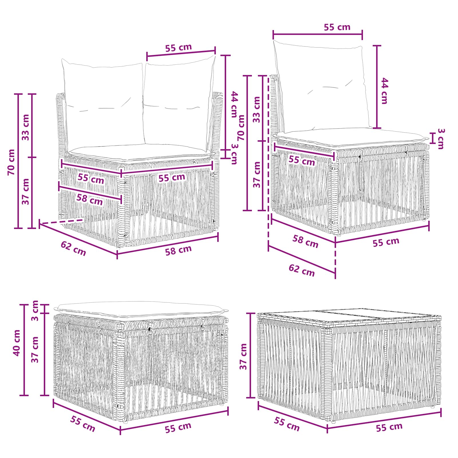 Set Divano da Giardino 7 pz Nero polyrattan