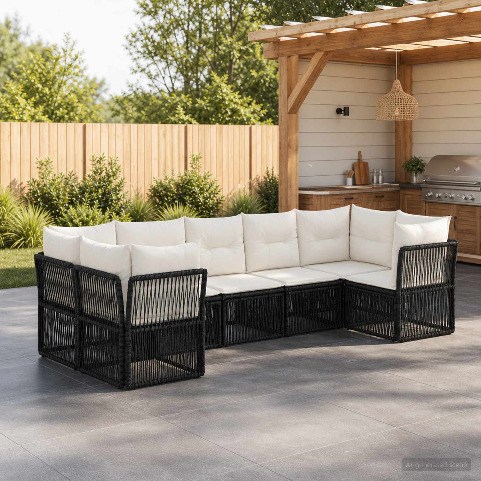 Set Divano da Giardino 7 pz 7-Numero di posti Nero polyrattan