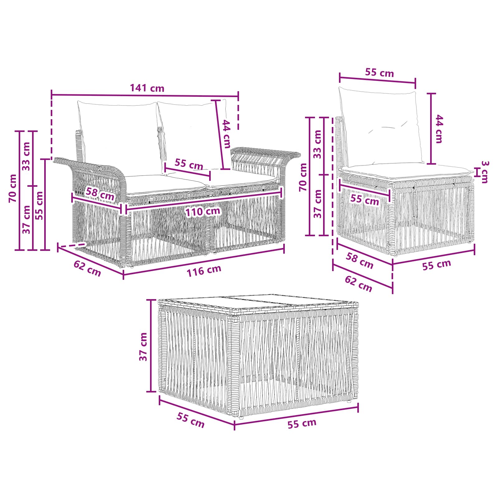 Set Divano da Giardino 8 pz Nero polyrattan