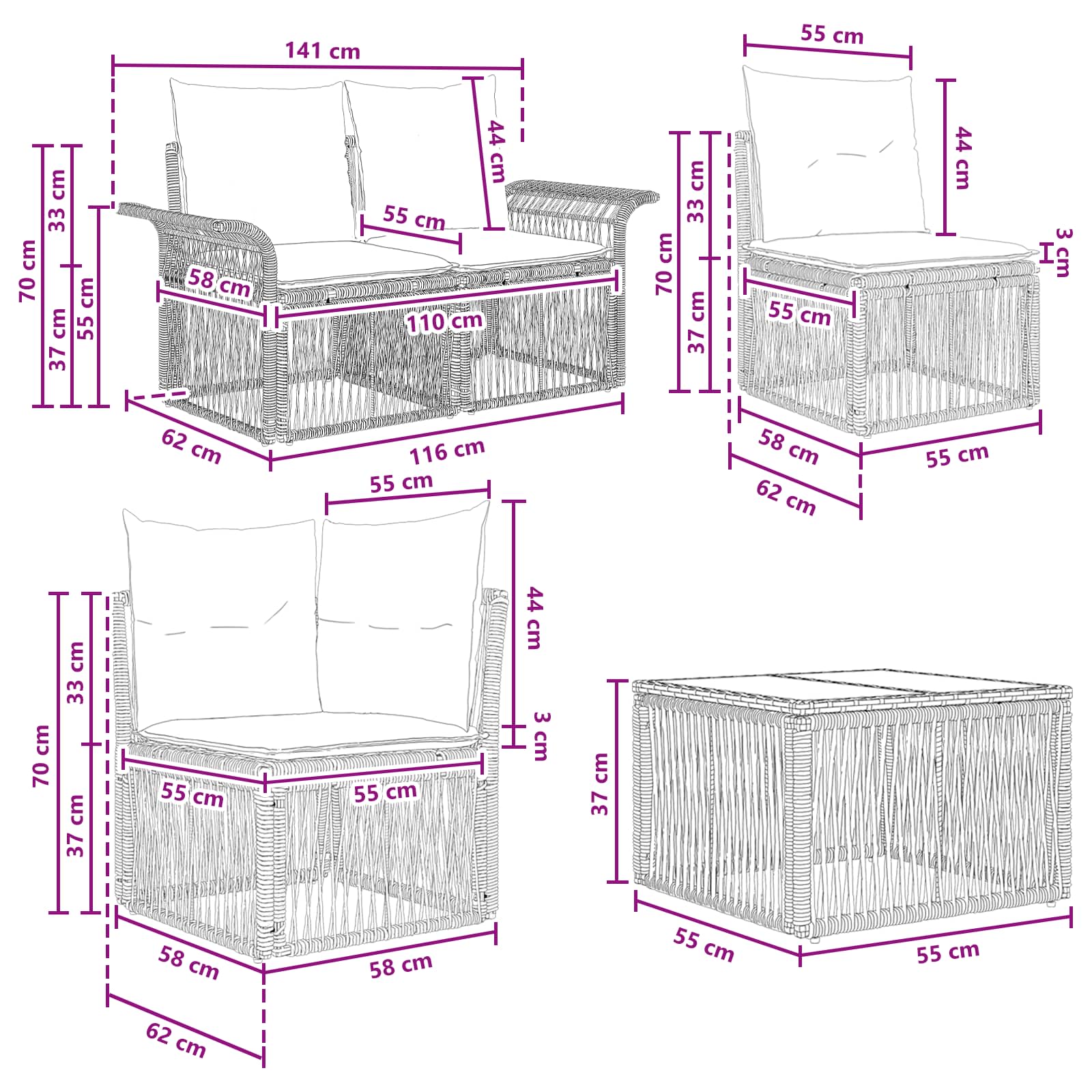 Set Divano da Giardino 7 pz Nero polyrattan
