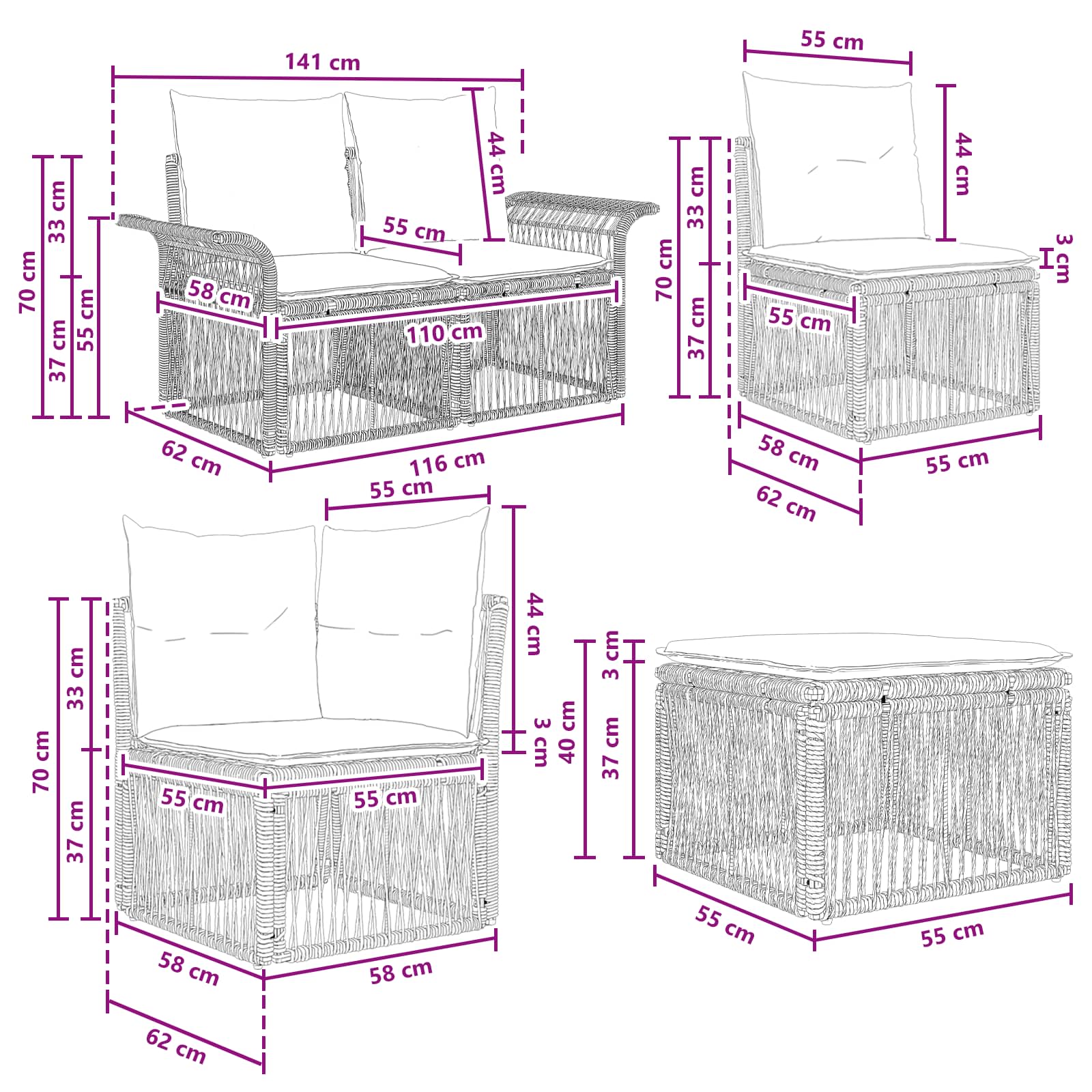 Set Divano da Giardino 6 pz Nero polyrattan