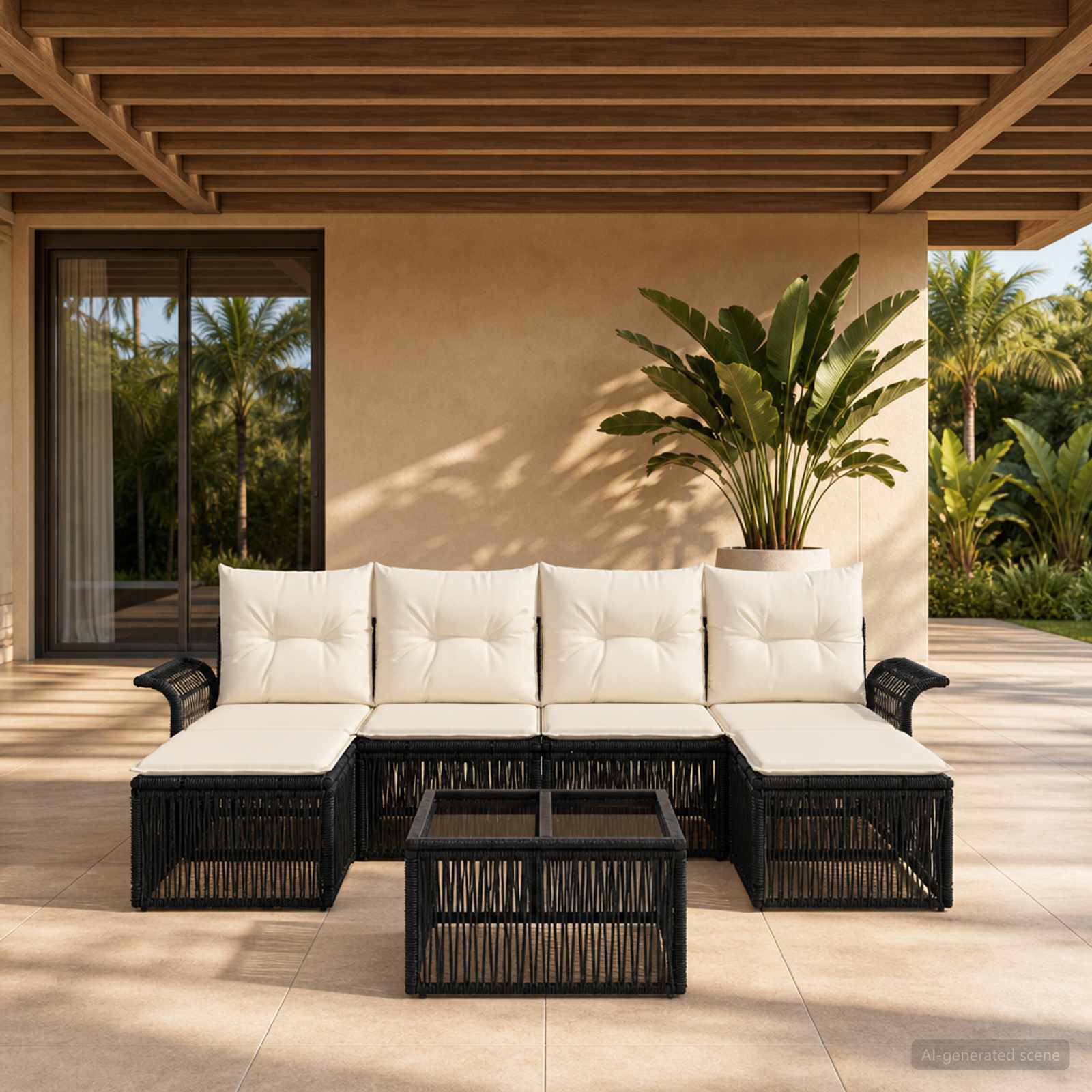 Set Divano da Giardino 7 pz Nero polyrattan
