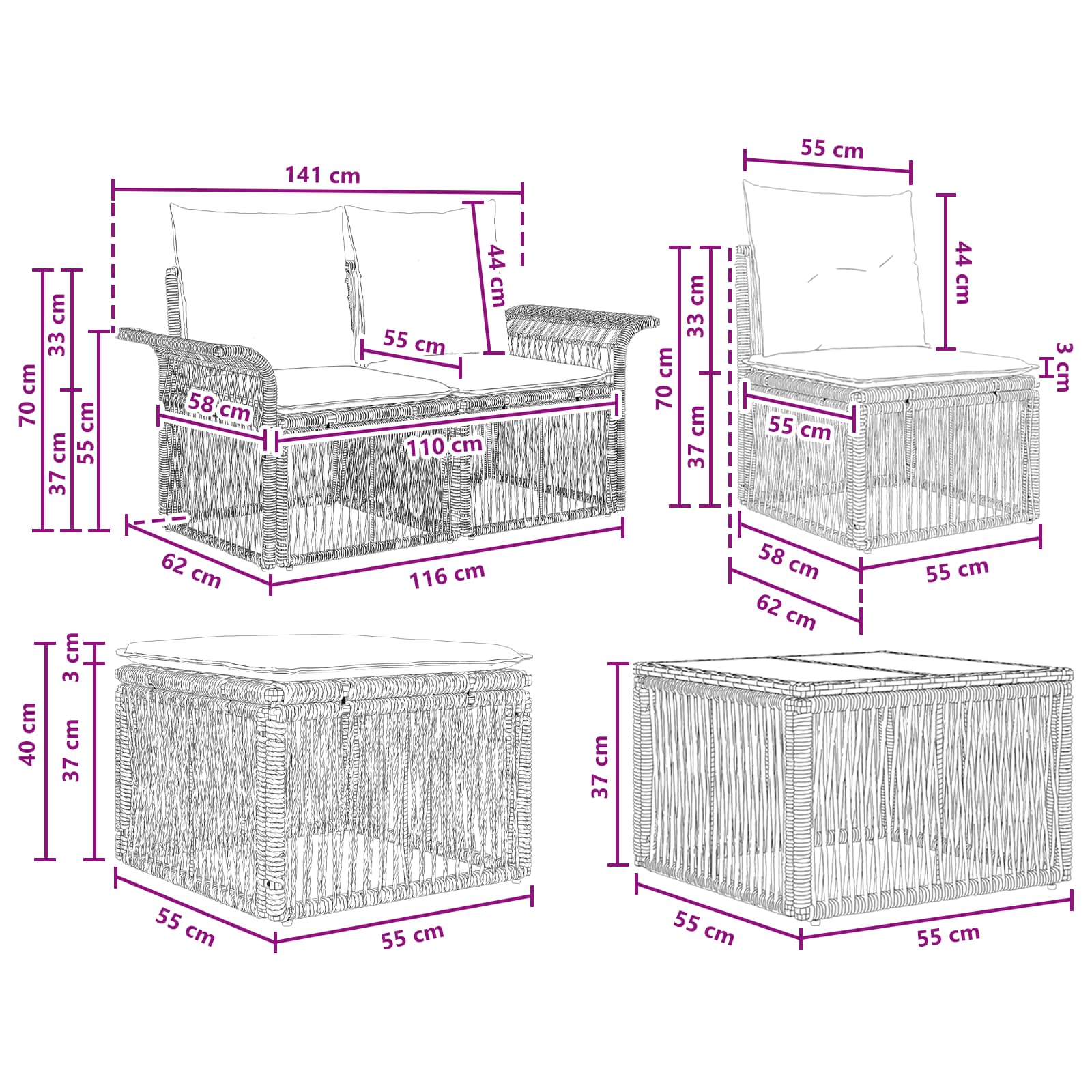 Set Divano da Giardino 7 pz Nero polyrattan
