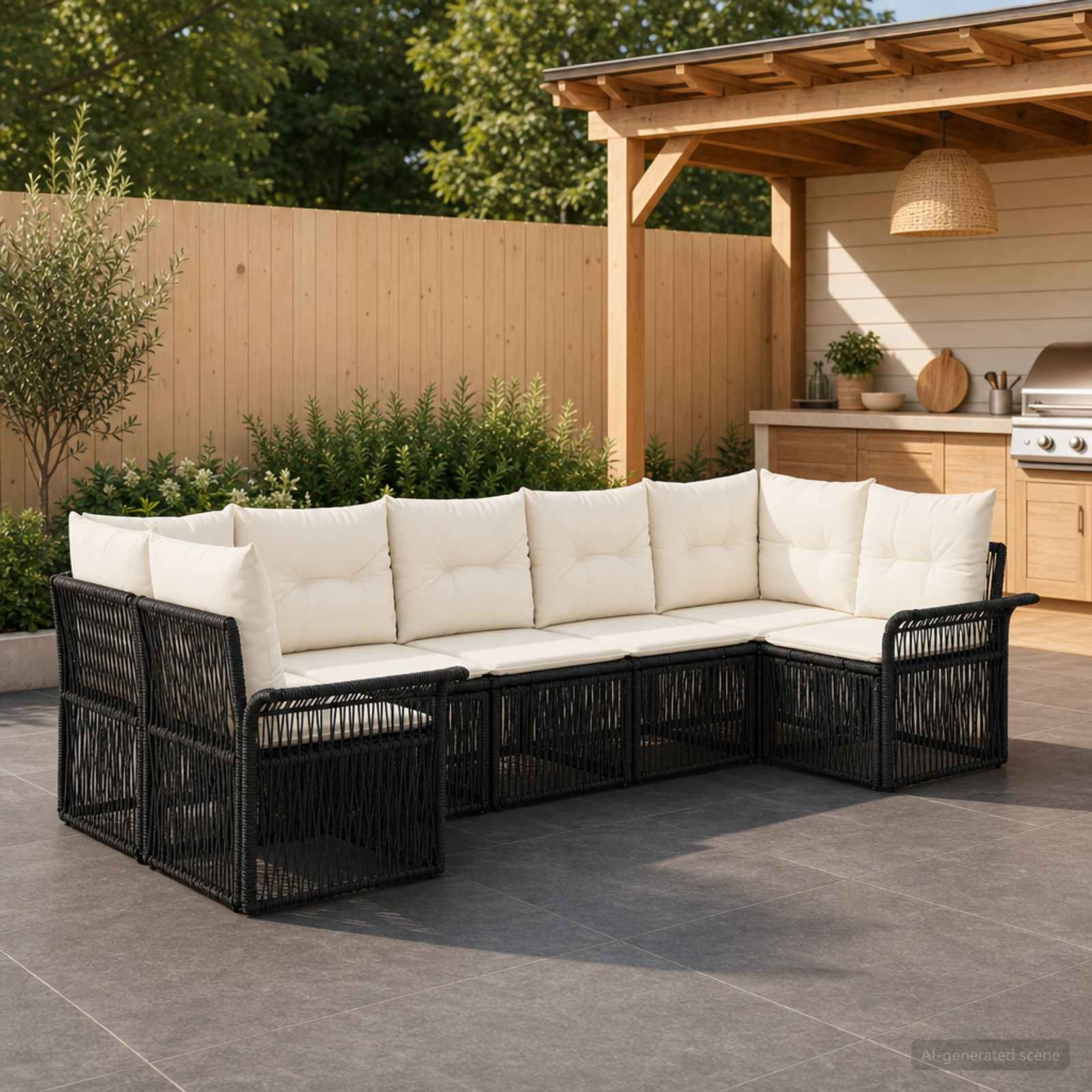 Set Divano da Giardino 7 pz 7-Numero di posti Nero polyrattan