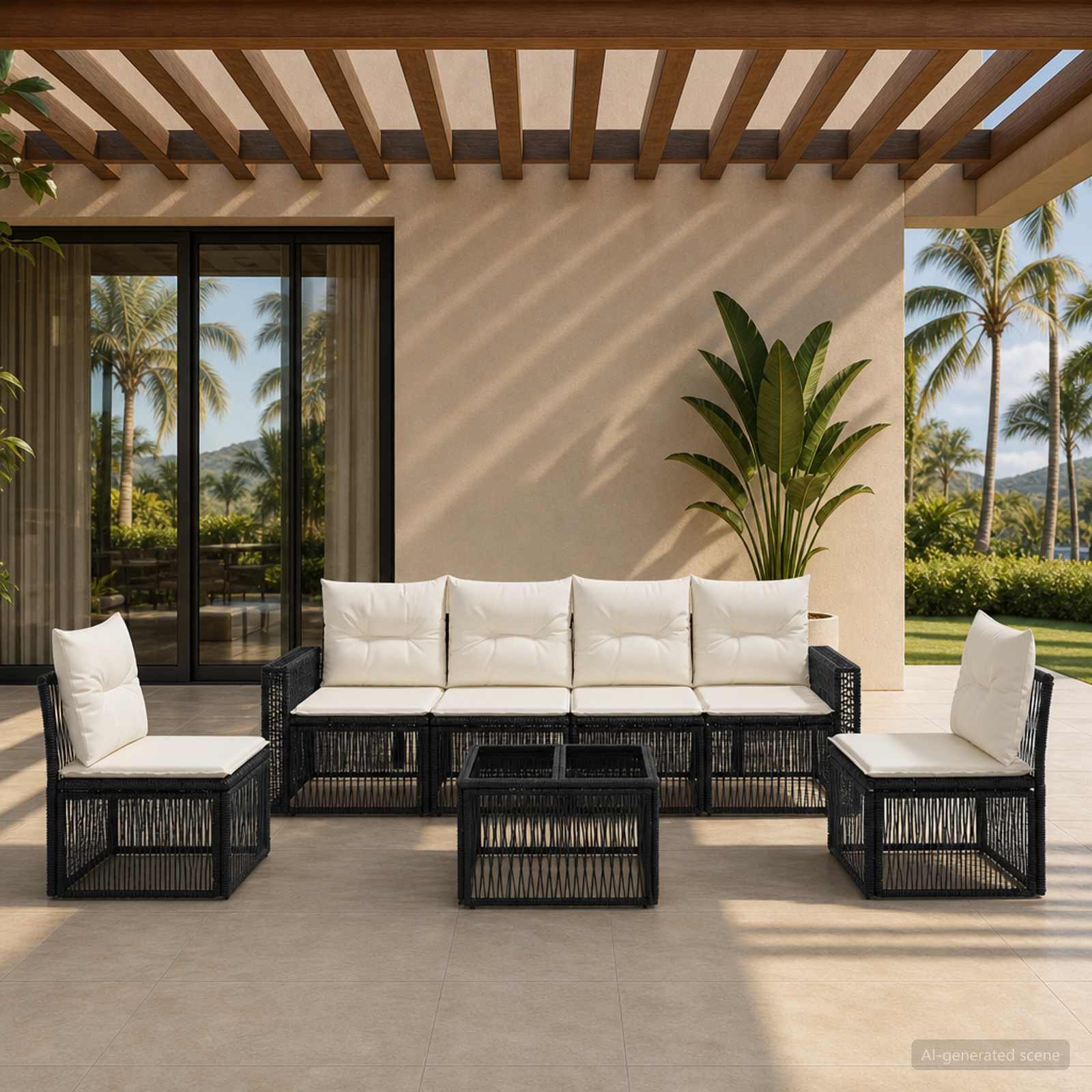 Set Divano da Giardino 7 pz Nero e Bianco Crema polyrattan