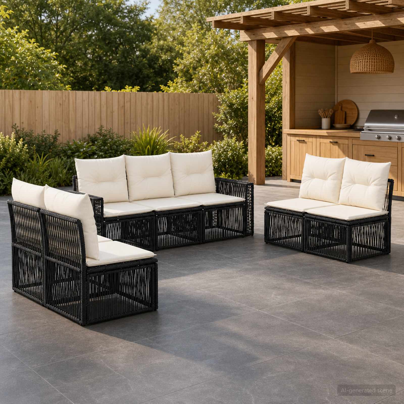 Set Divano da Giardino 7 pz Nero e Bianco Crema polyrattan