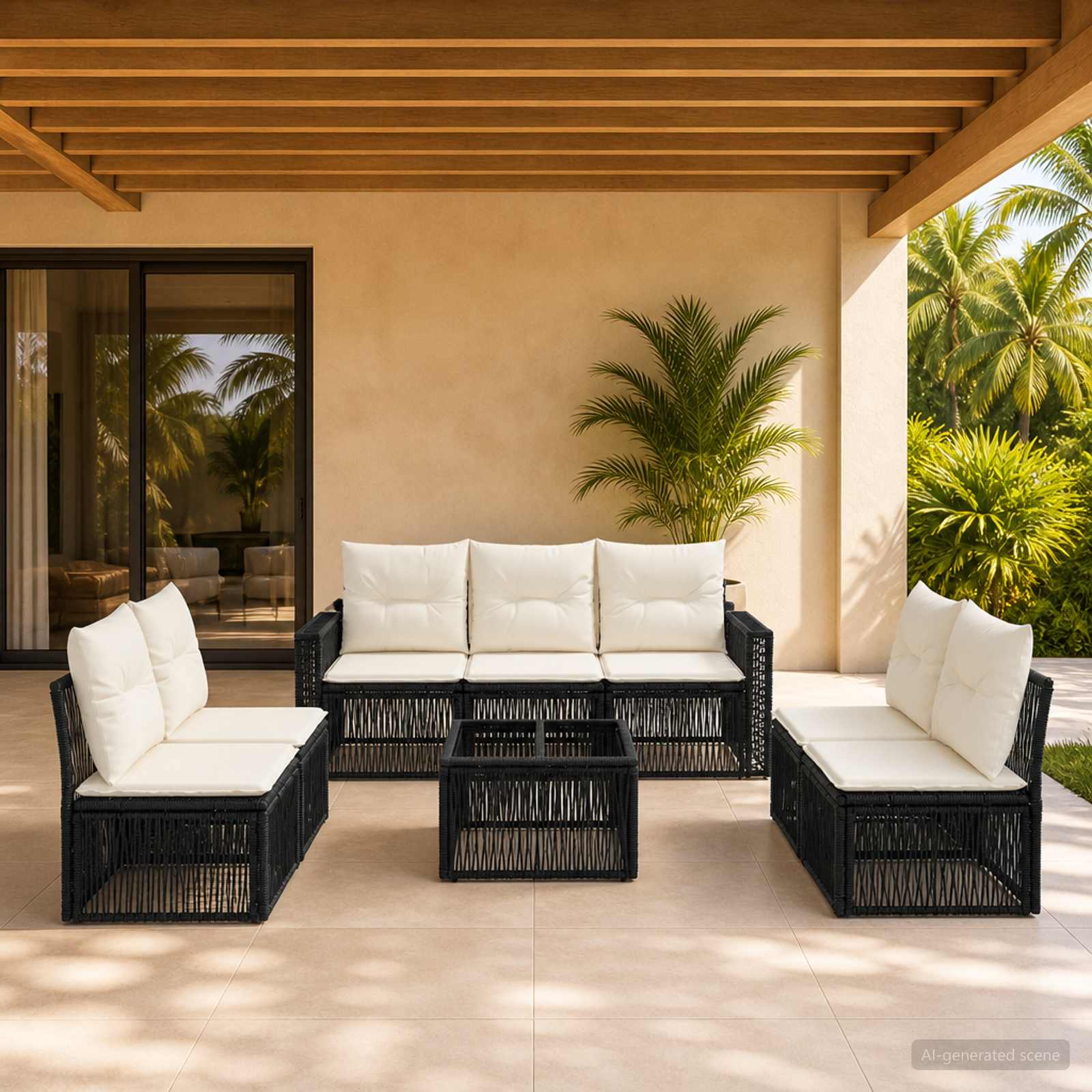 Set Divano da Giardino 8 pz Nero e Bianco Crema polyrattan