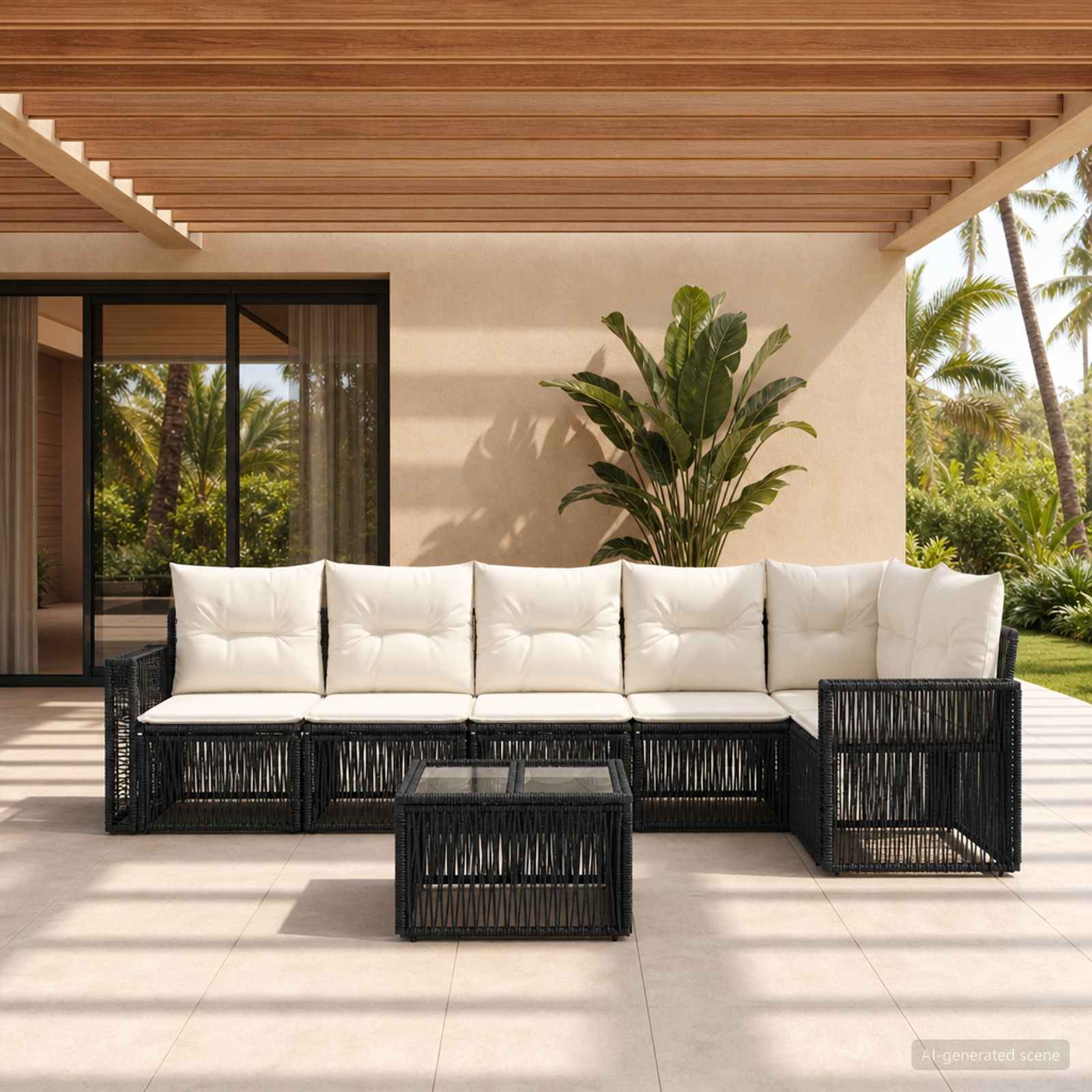 Set Divano da Giardino 7 pz Nero e Bianco Crema polyrattan
