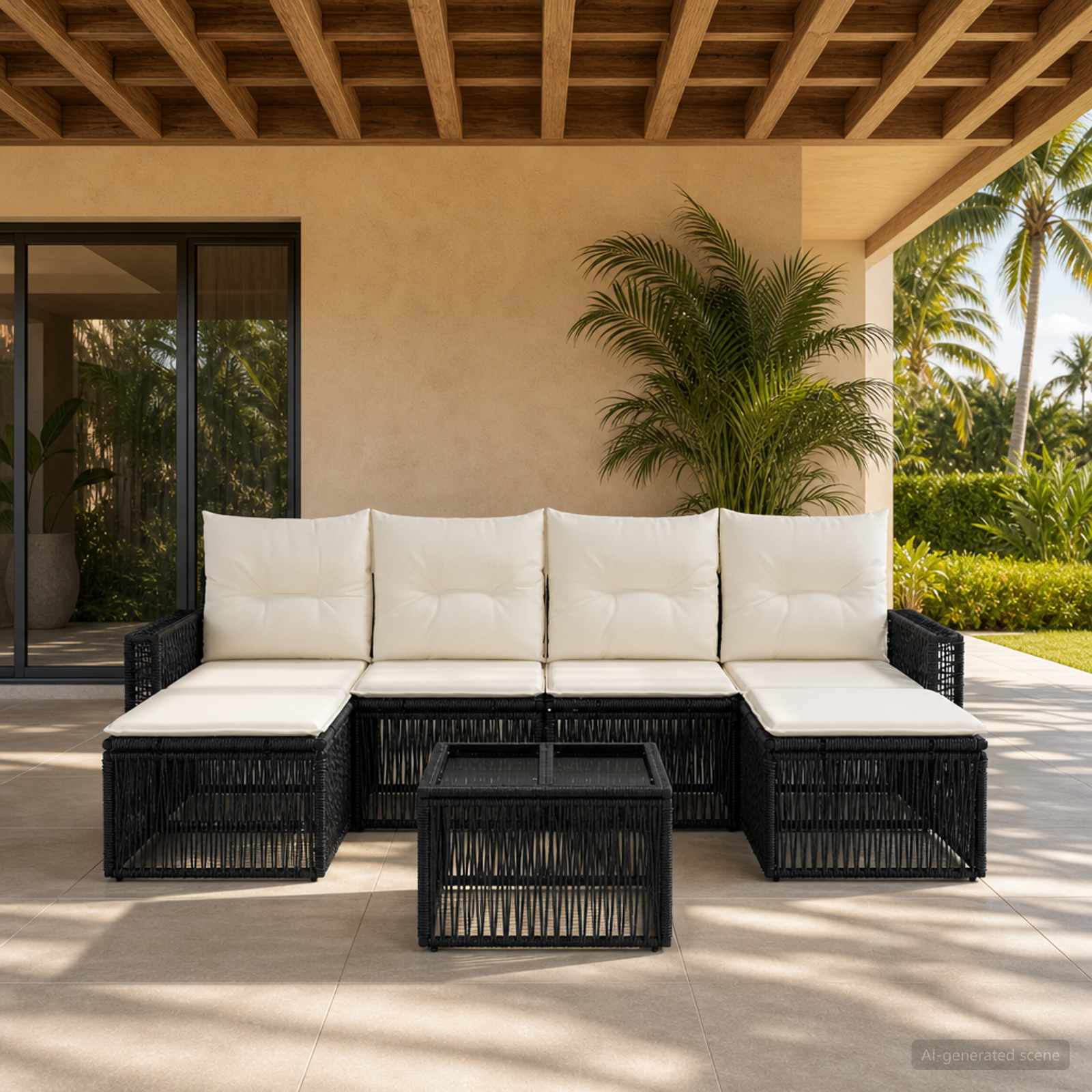 Set Divano da Giardino 7 pz Nero e Bianco Crema polyrattan