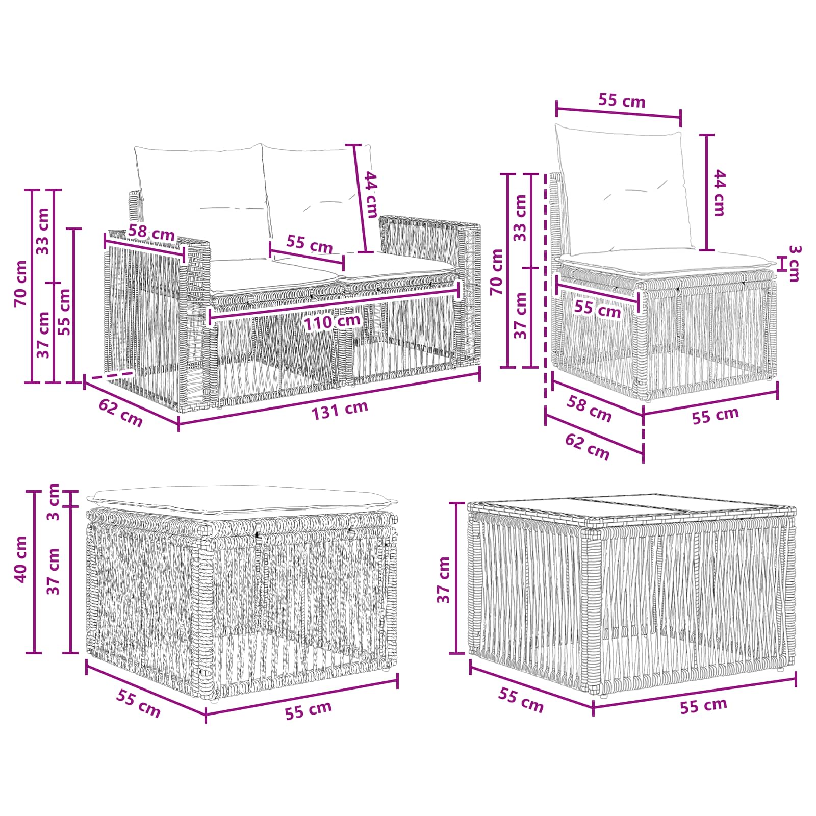 Set Divano da Giardino 7 pz Nero e Bianco Crema polyrattan