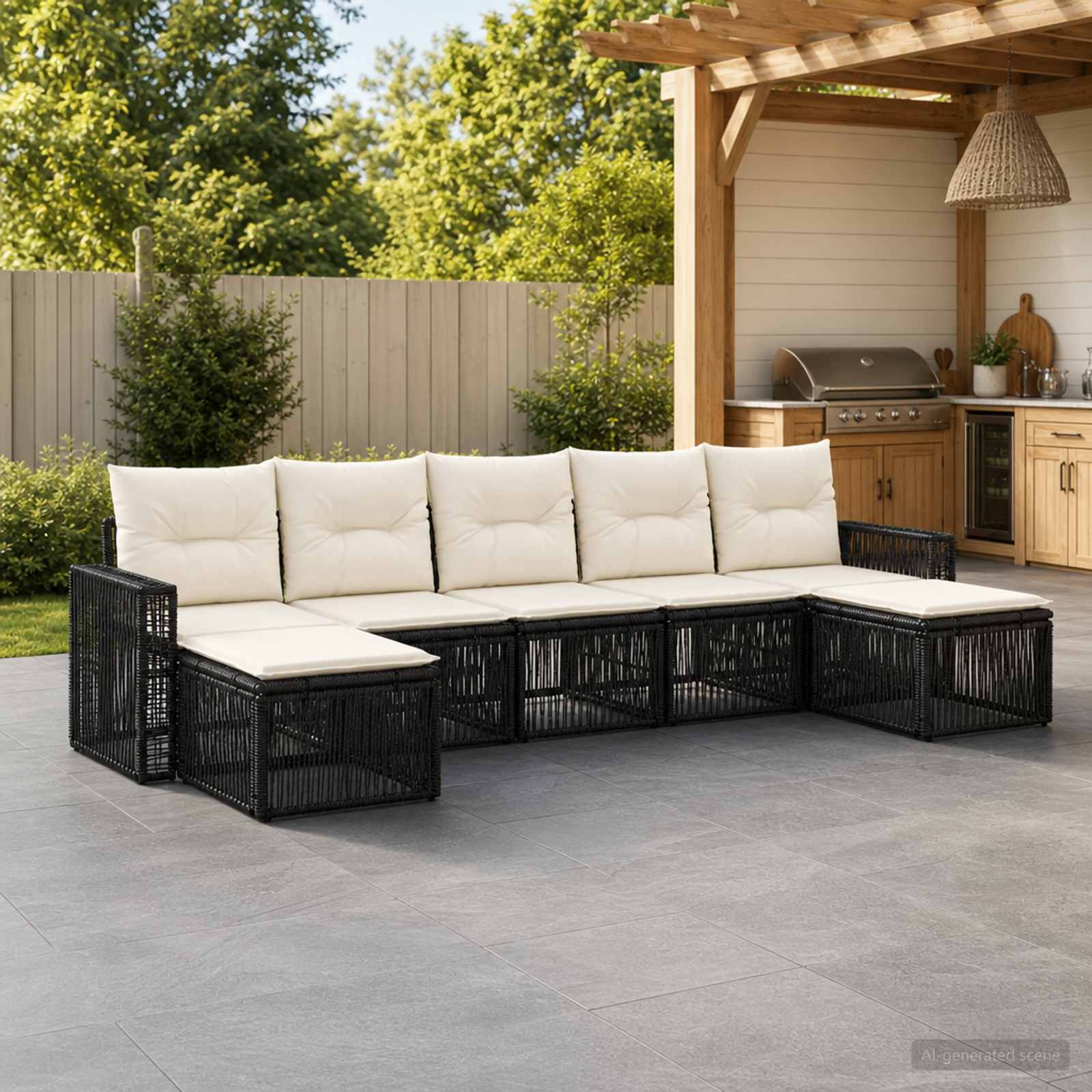 Set Divano da Giardino 7 pz Nero e Bianco Crema polyrattan
