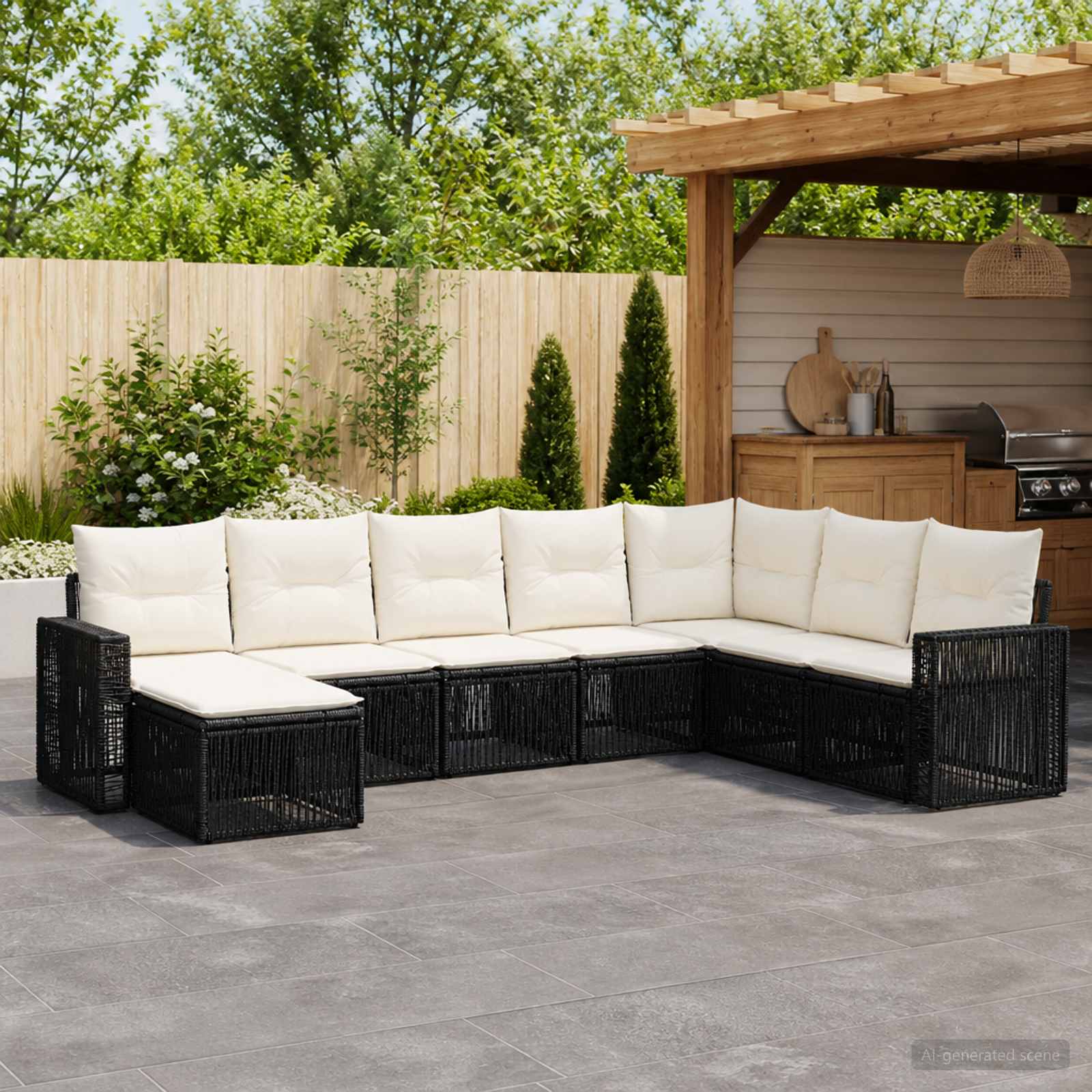 Set Divano da Giardino 8 pz Nero e Bianco Crema polyrattan