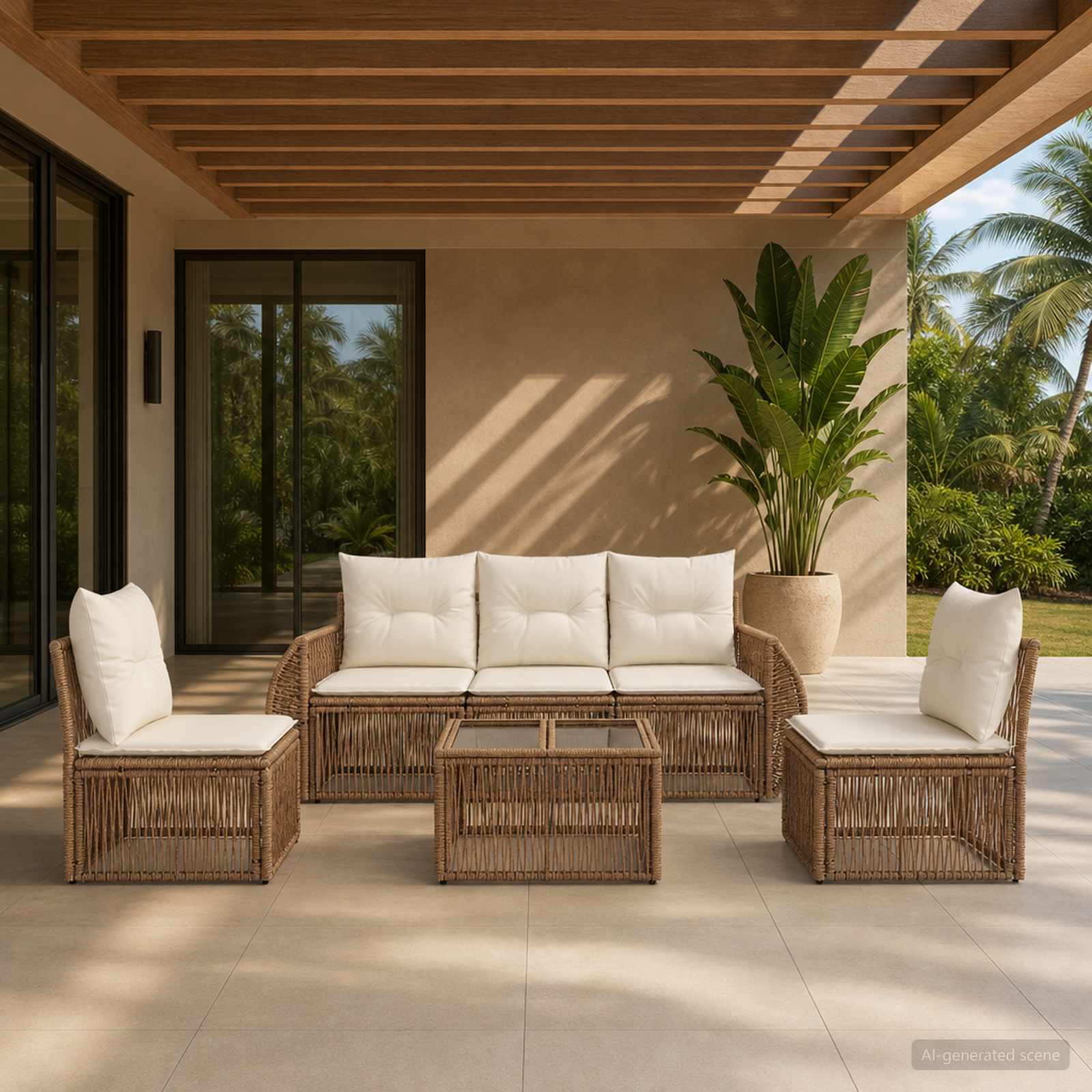 Set Divano da Giardino 6 pz Beige e Bianco Crema polyrattan