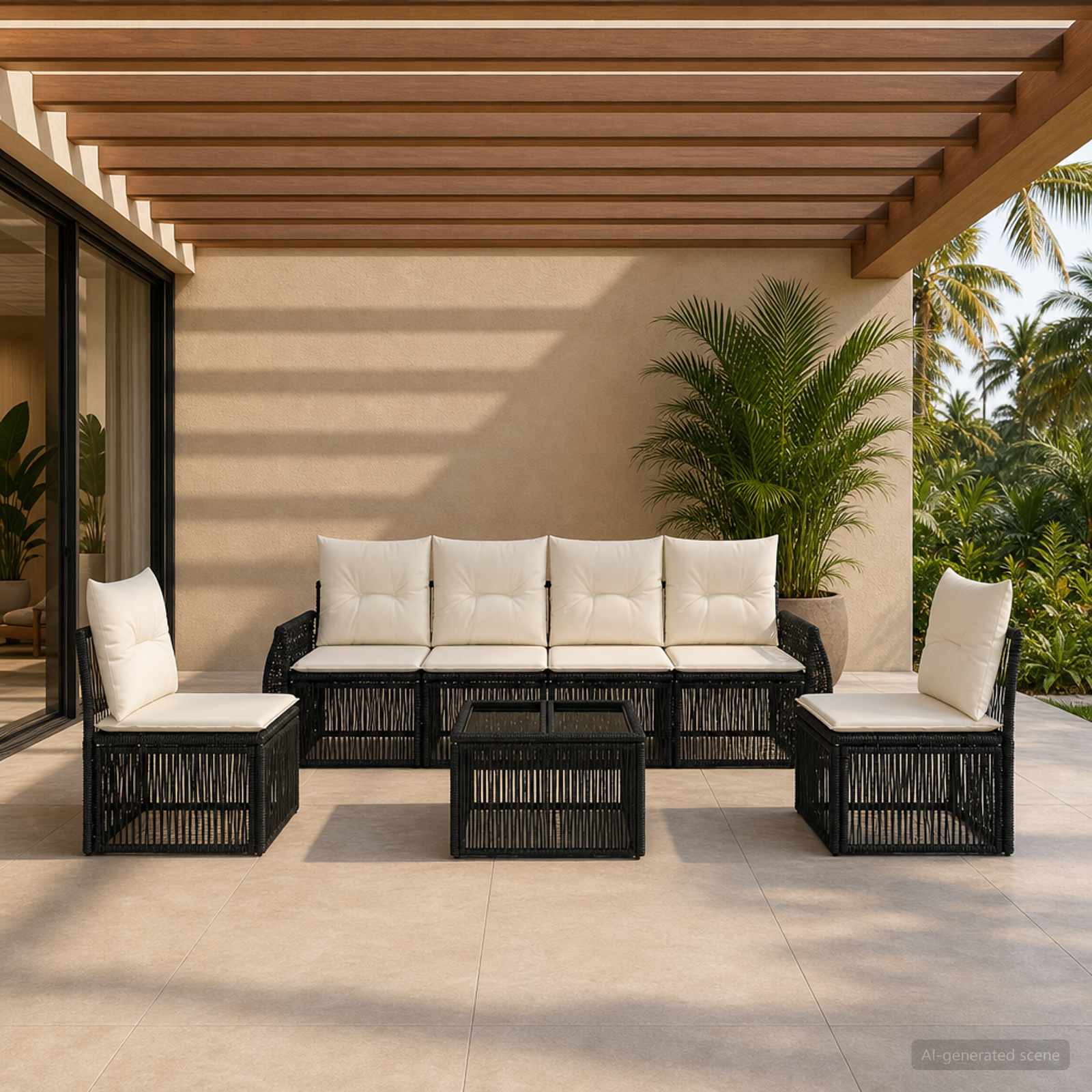 Set Divano da Giardino 7 pz Nero e Bianco Crema polyrattan