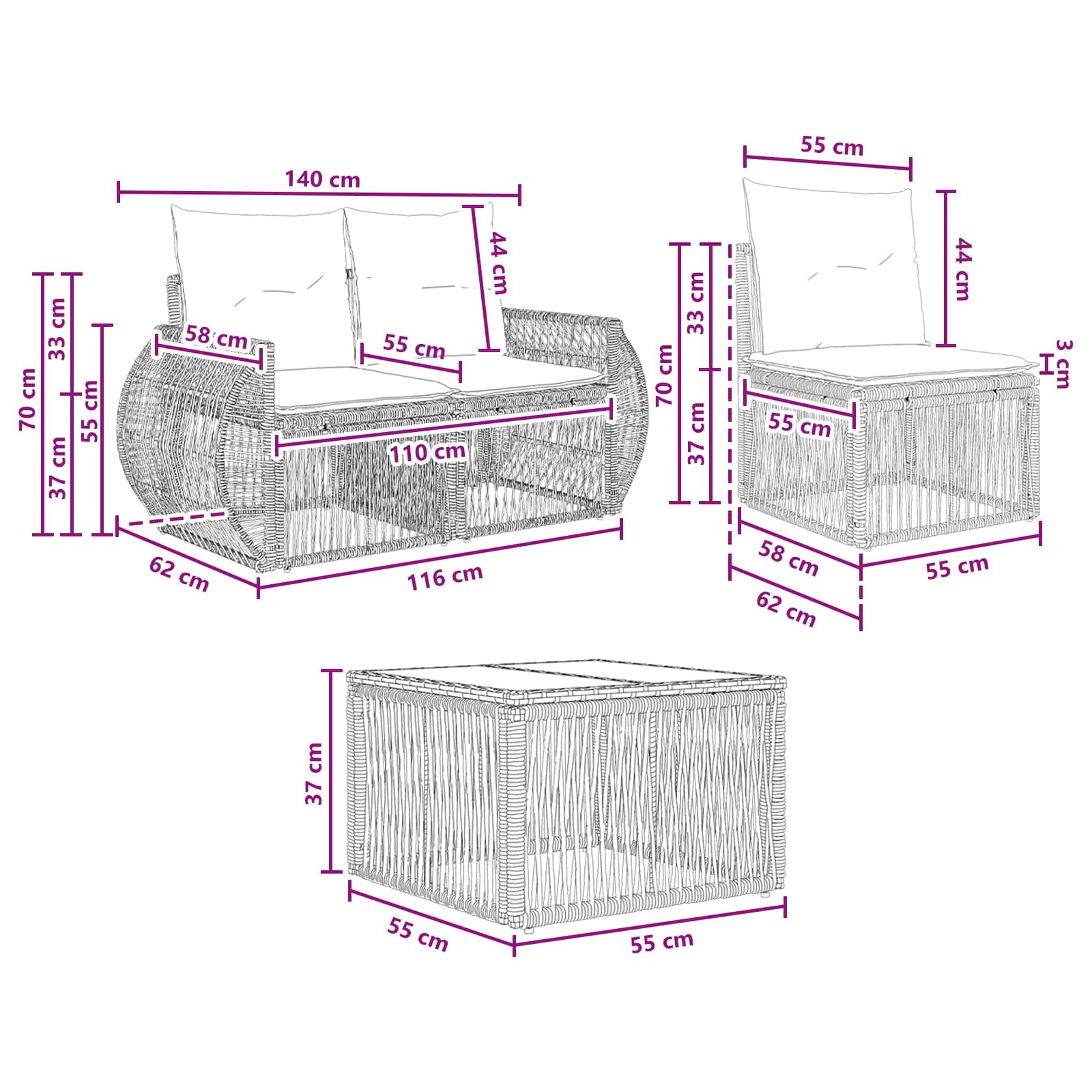 Set Divano da Giardino 7 pz Nero e Bianco Crema polyrattan
