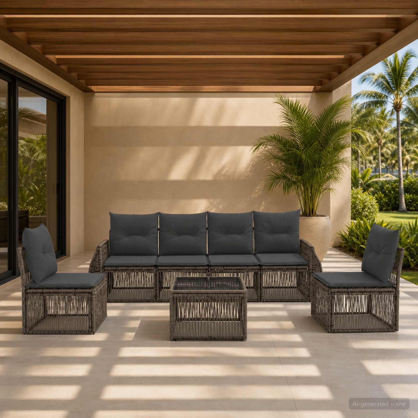 Set Divano da Giardino 7 pz Grigio e Grigio Scuro polyrattan