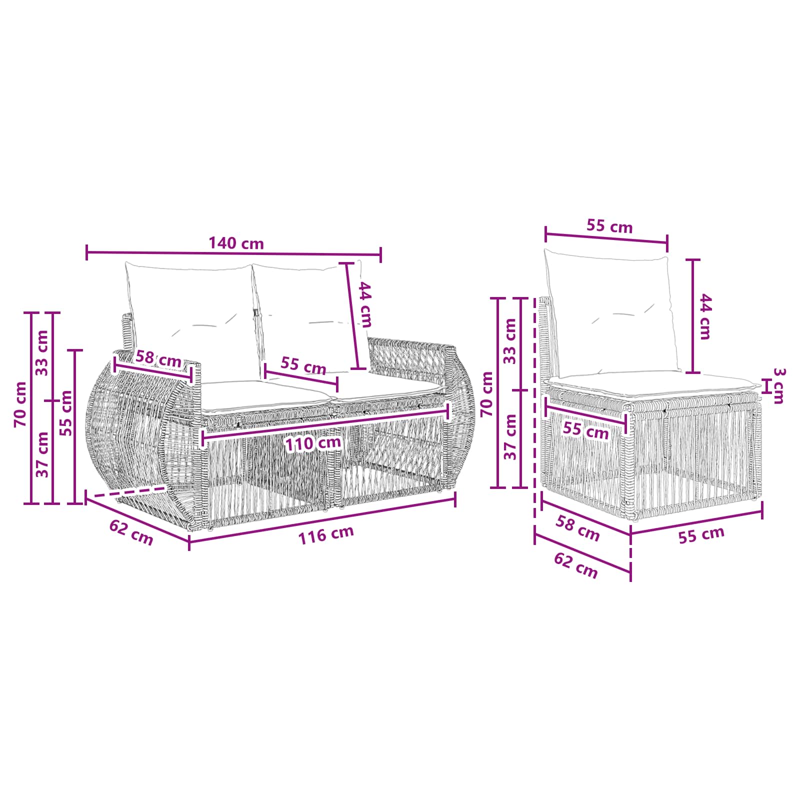Set Divano da Giardino 7 pz Nero e Bianco Crema polyrattan