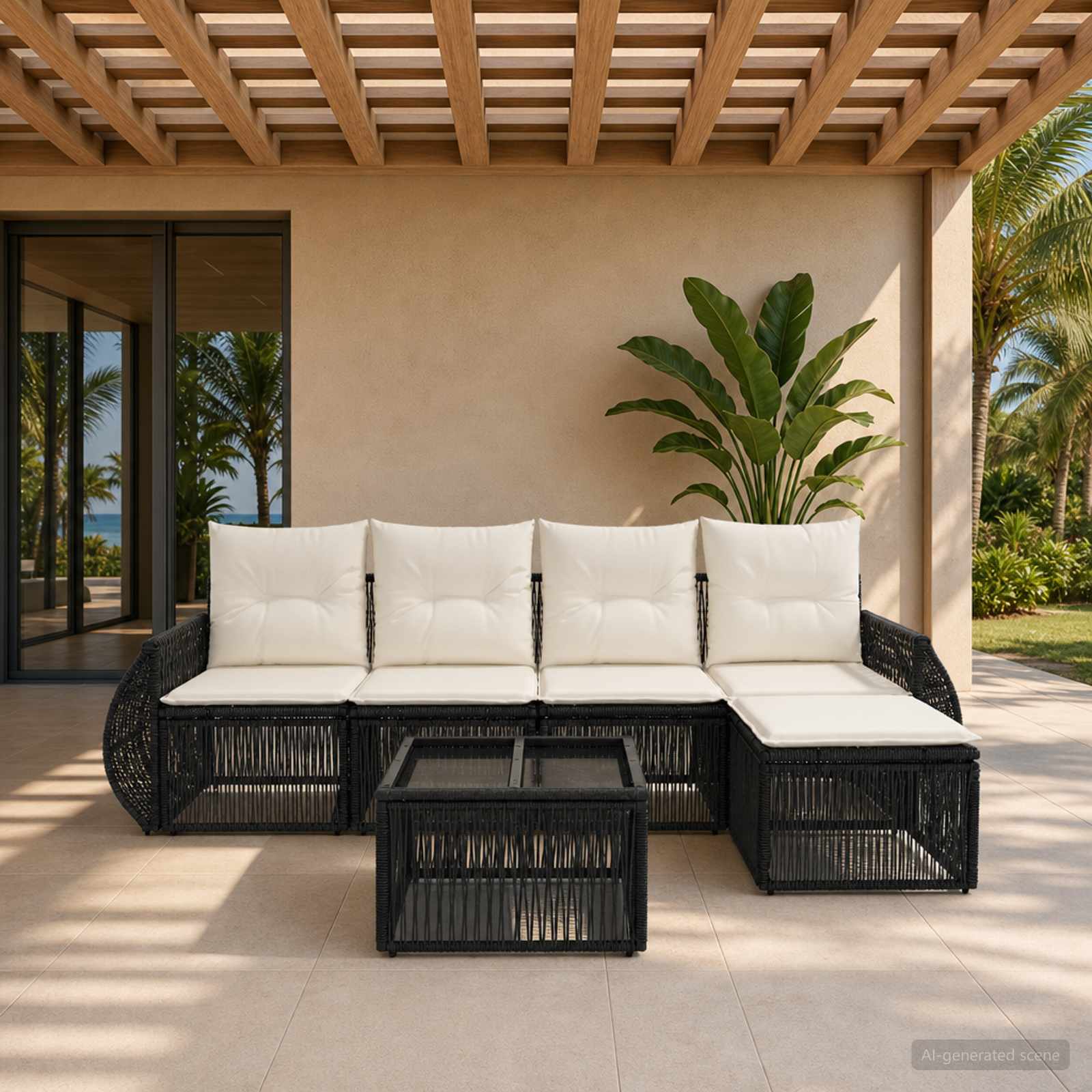 Set Divano da Giardino 6 pz Nero e Bianco Crema polyrattan