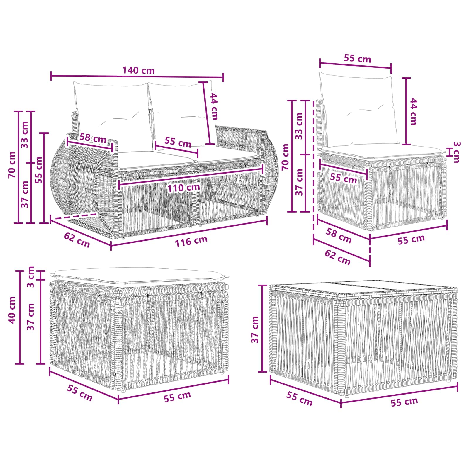Set Divano da Giardino 6 pz Nero e Bianco Crema polyrattan