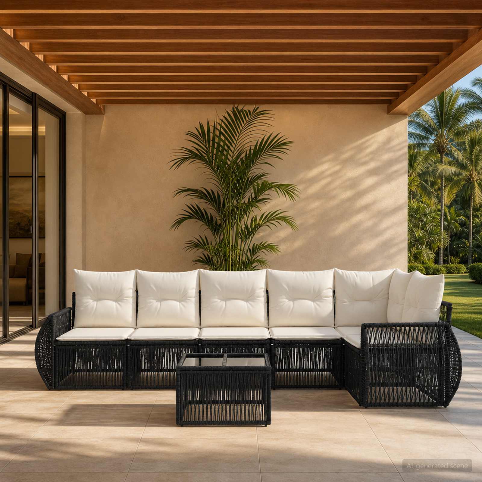 Set Divano da Giardino 7 pz Nero e Bianco Crema polyrattan