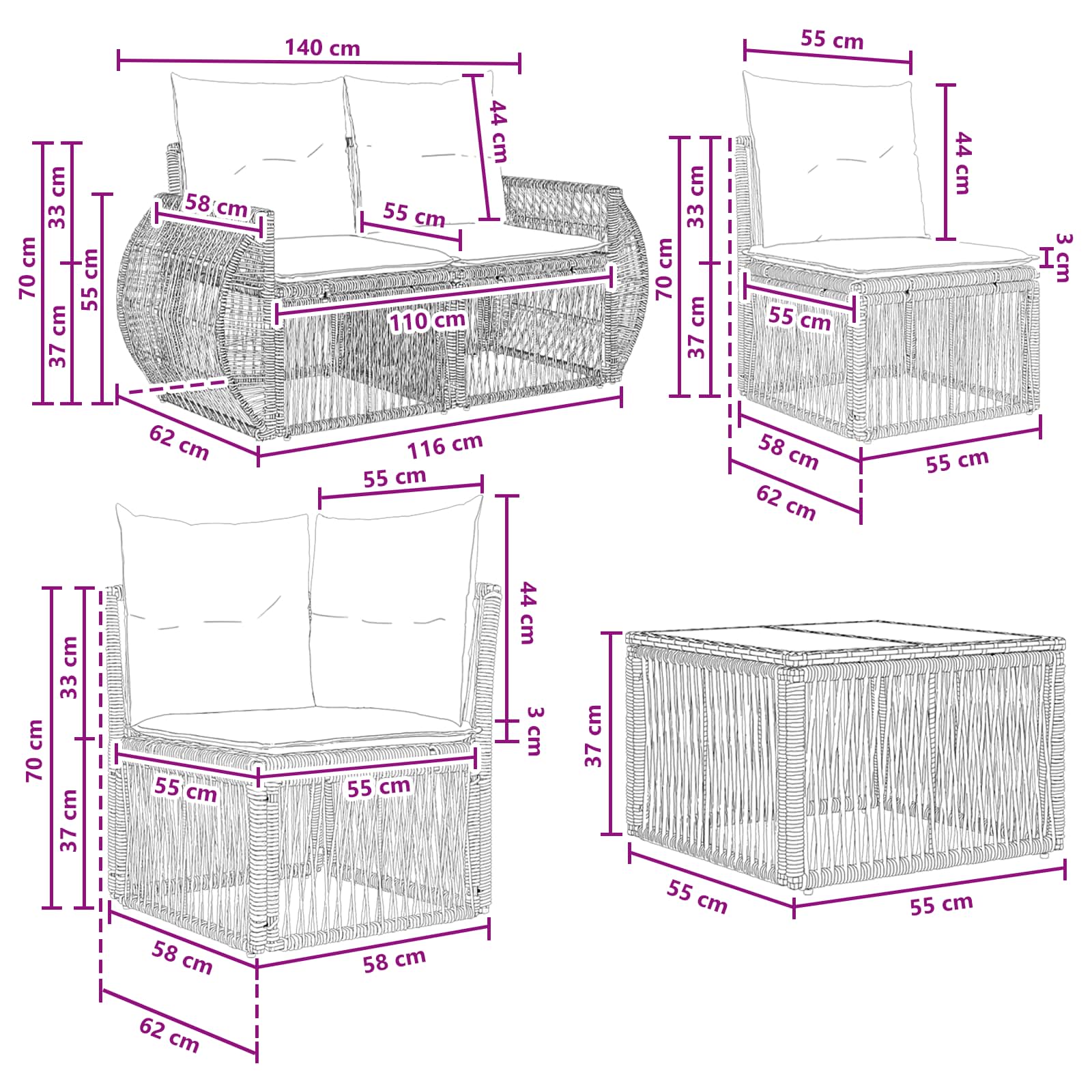 Set Divano da Giardino 7 pz Nero e Bianco Crema polyrattan